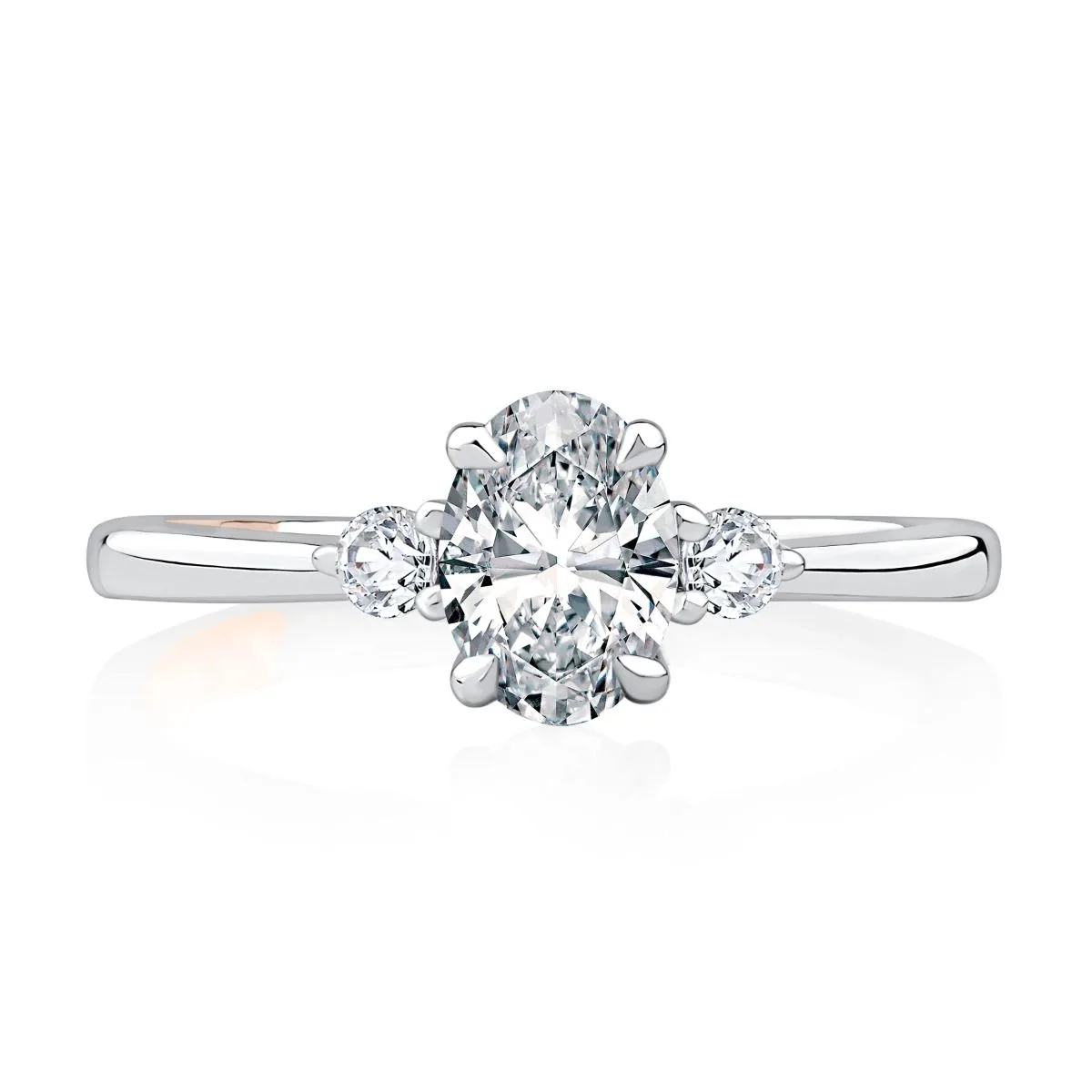 Three Stone Oval Cut Engagement Ring With Round Side Diamonds, photograph 2