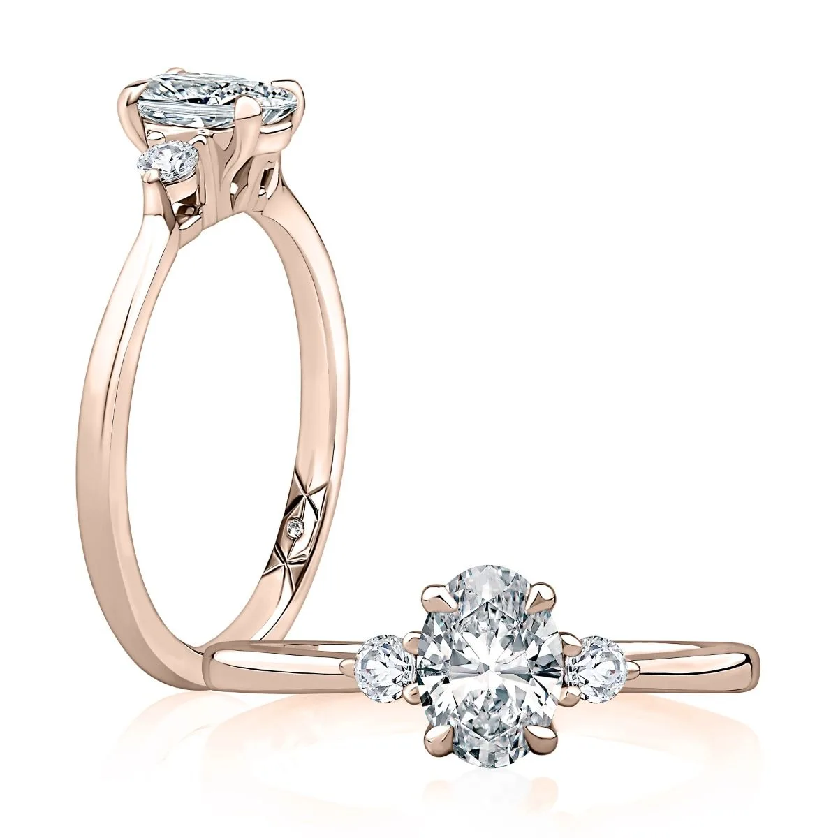 Three Stone Oval Cut Engagement Ring With Round Side Diamonds, photograph 7
