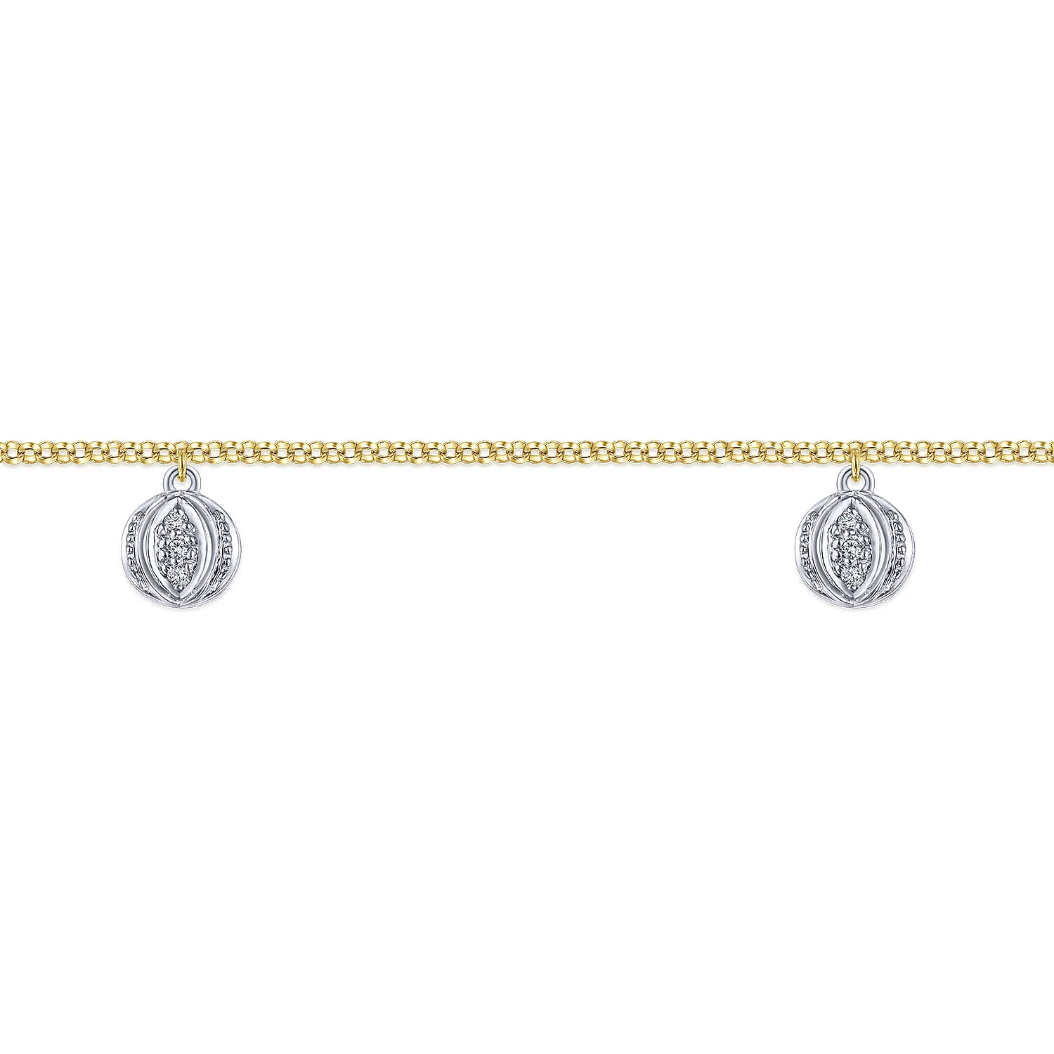 Chain Ankle Bracelet with White Gold Diamond Drops in 14K Yellow Gold, photograph 2