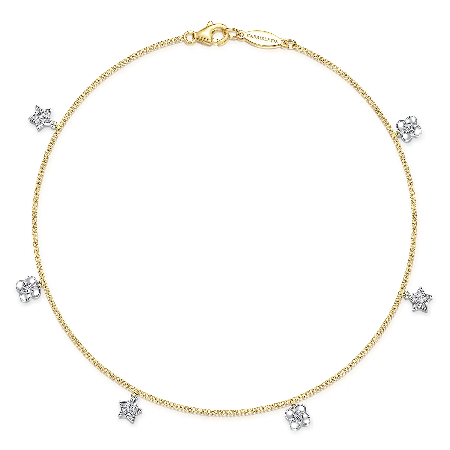 Chain Ankle Bracelet with White Gold Diamond Flower and Star Charms