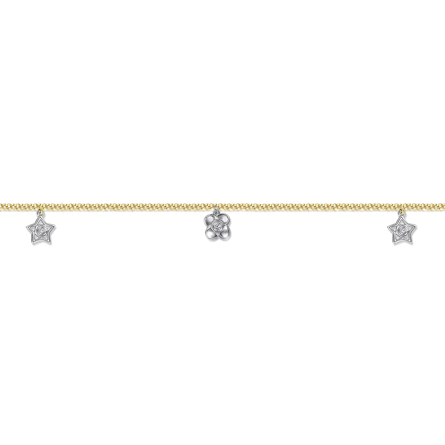Chain Ankle Bracelet with White Gold Diamond Flower and Star Charms in 14K Yellow Gold, photograph 2