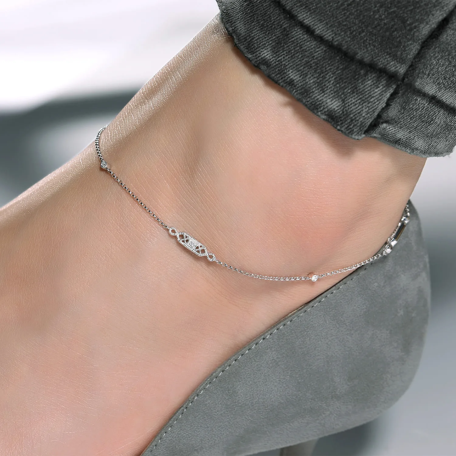 Ankle Bracelet with Geometric Diamond Stations in 14K White Gold, photograph 3