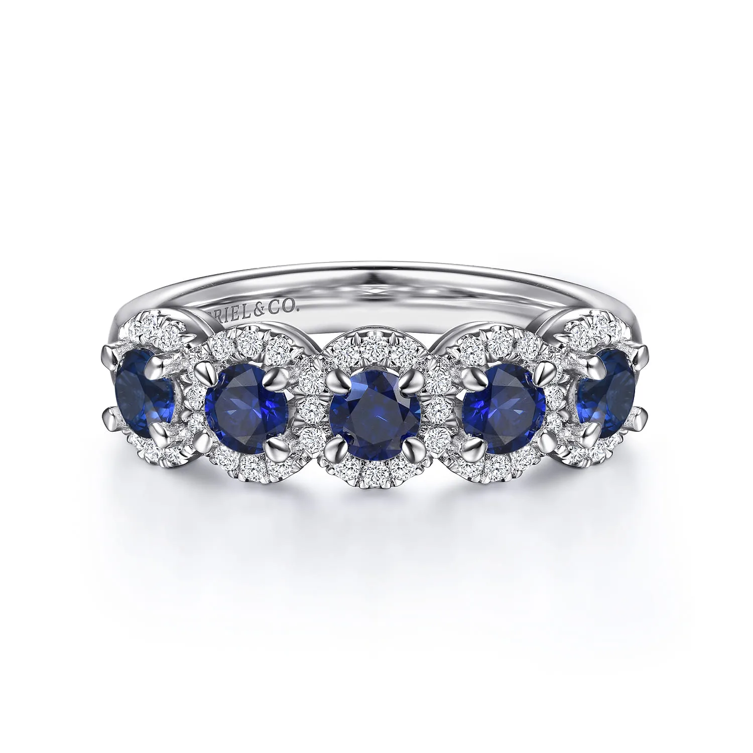 Round Sapphire and Diamond Halo Station Anniversary Band