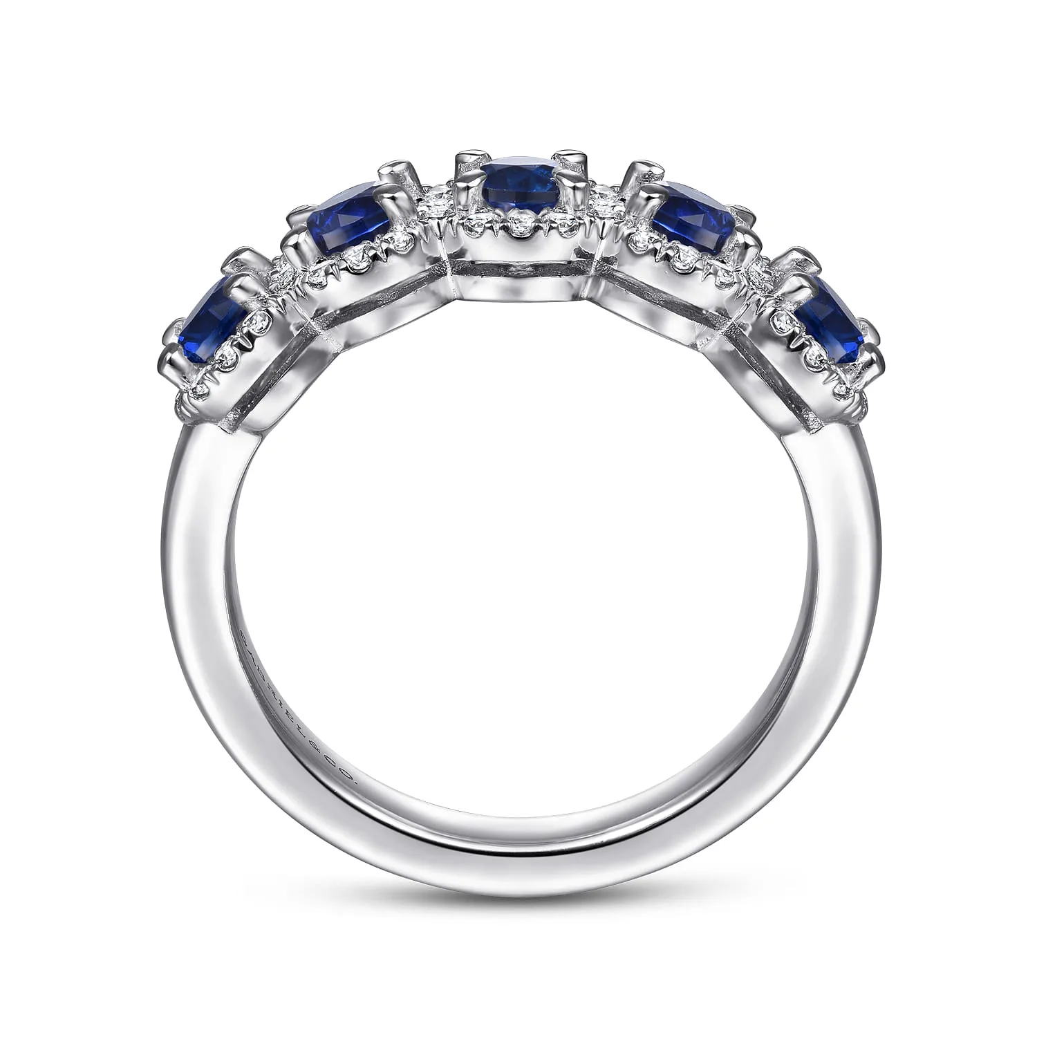 Round Sapphire and Diamond Halo Station Anniversary Band in 14K White Gold, photograph 2
