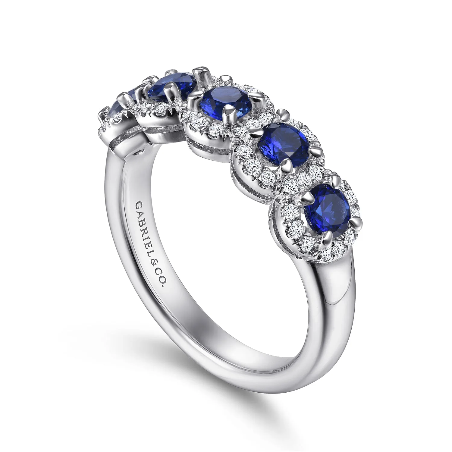 Round Sapphire and Diamond Halo Station Anniversary Band in 14K White Gold, photograph 3
