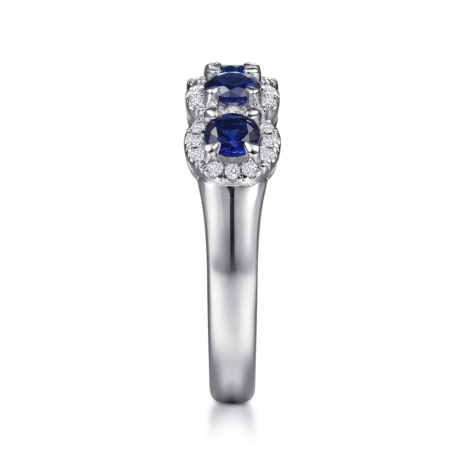 Round Sapphire and Diamond Halo Station Anniversary Band in 14K White Gold, photograph 4