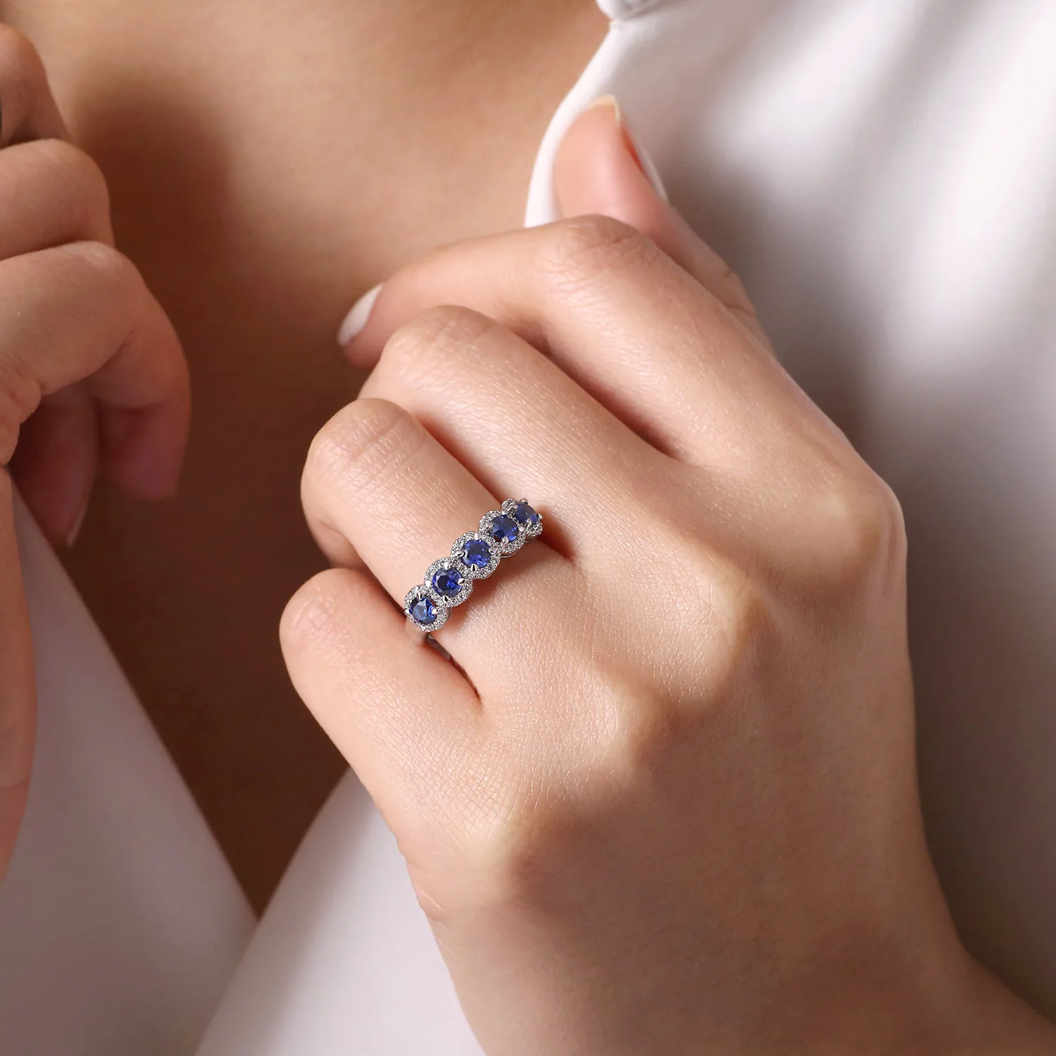 Round Sapphire and Diamond Halo Station Anniversary Band in 14K White Gold, photograph 5
