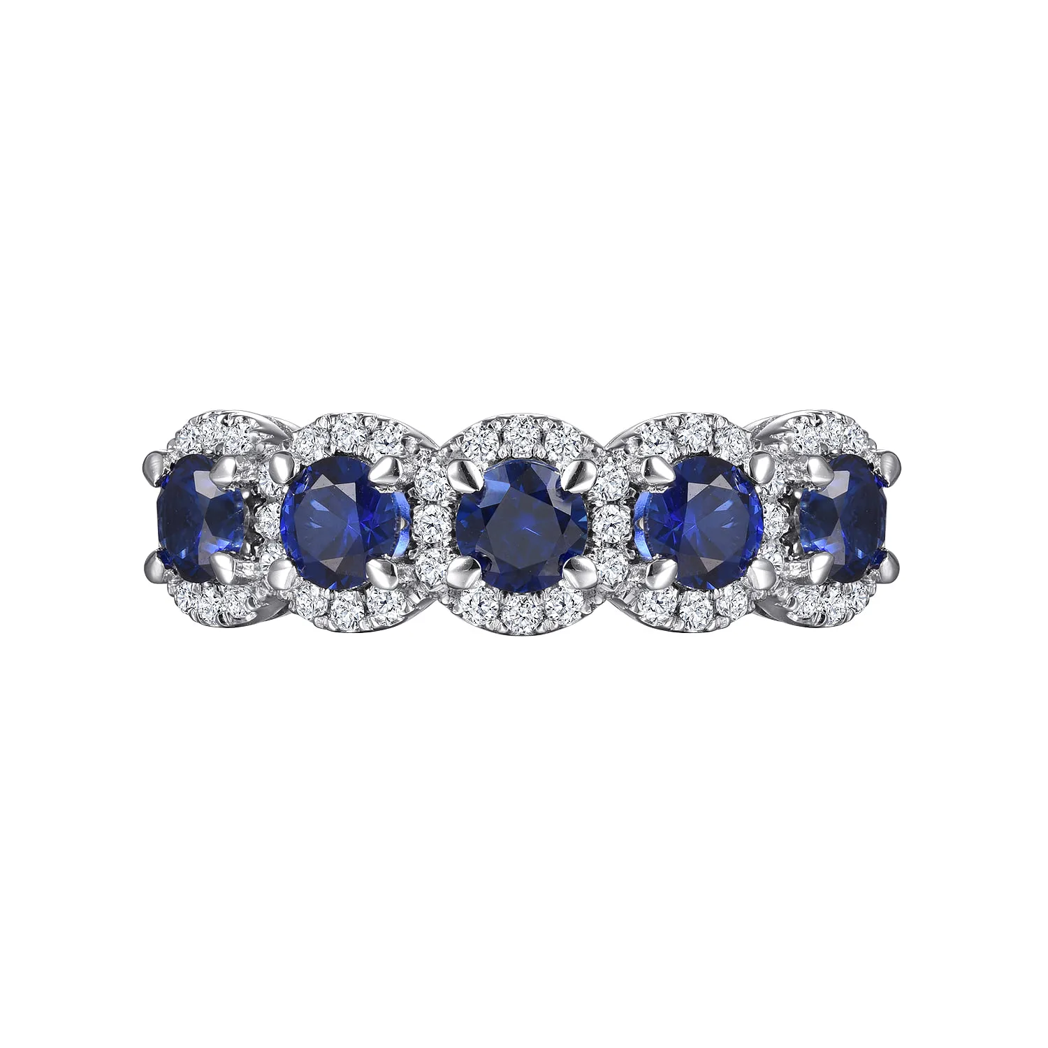 Round Sapphire and Diamond Halo Station Anniversary Band in 14K White Gold, photograph 6