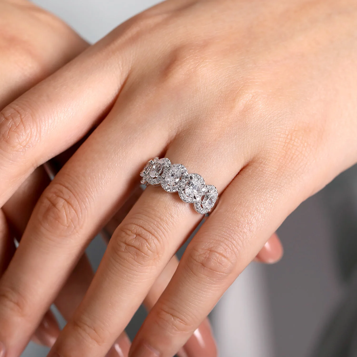 and Diamond Halo Station Anniversary Band in 14K White Gold, photograph 5