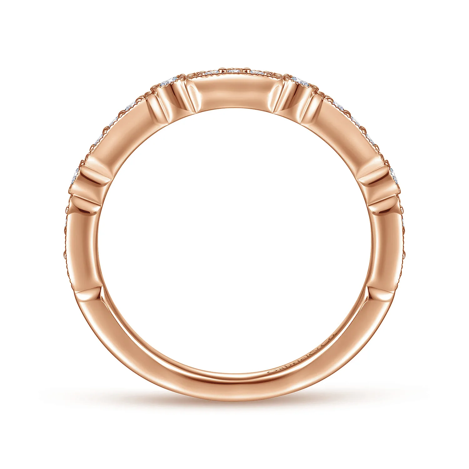 Diamond Station Stackable Anniversary Band with Milgrain in 14K Rose Gold, photograph 2