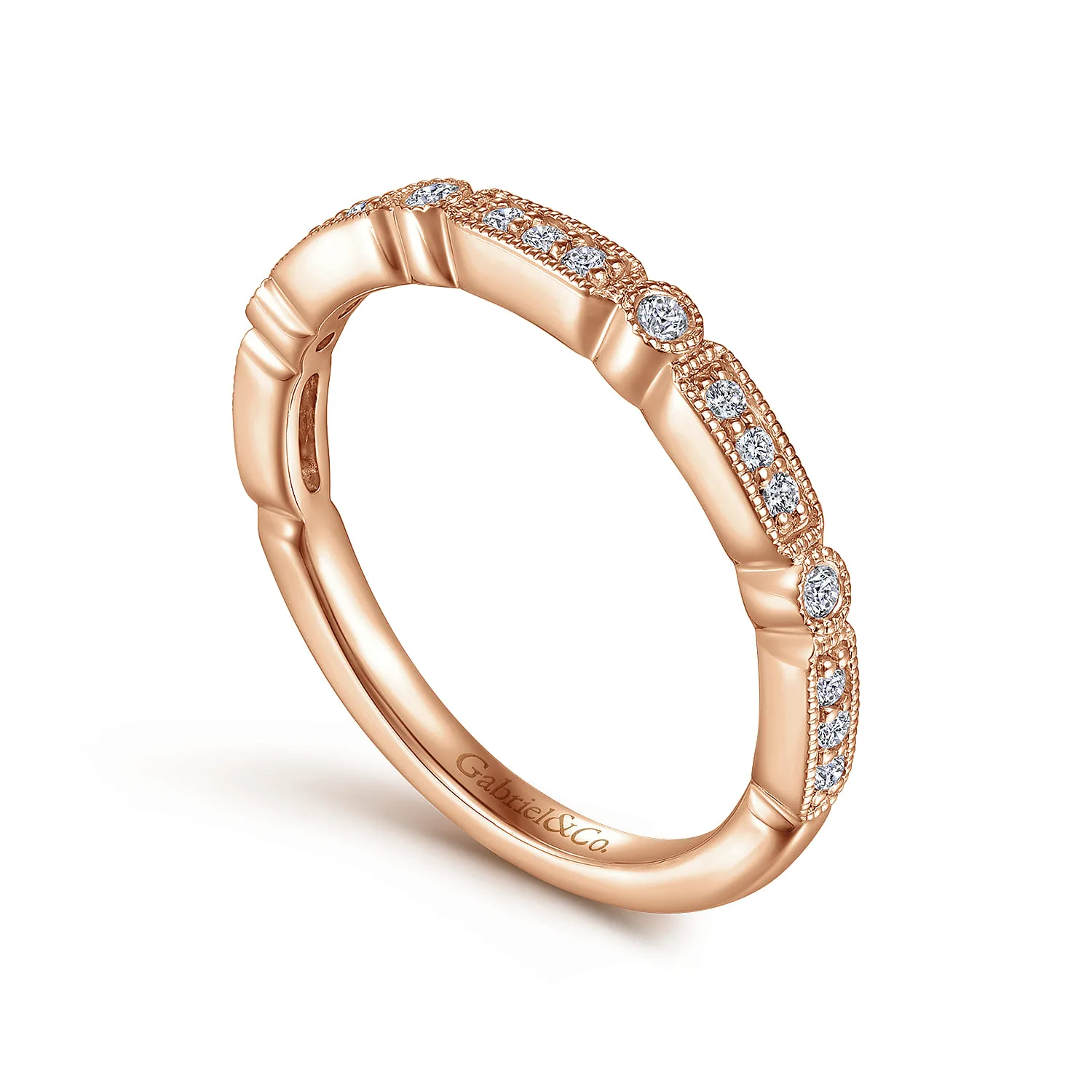 Diamond Station Stackable Anniversary Band with Milgrain in 14K Rose Gold, photograph 3