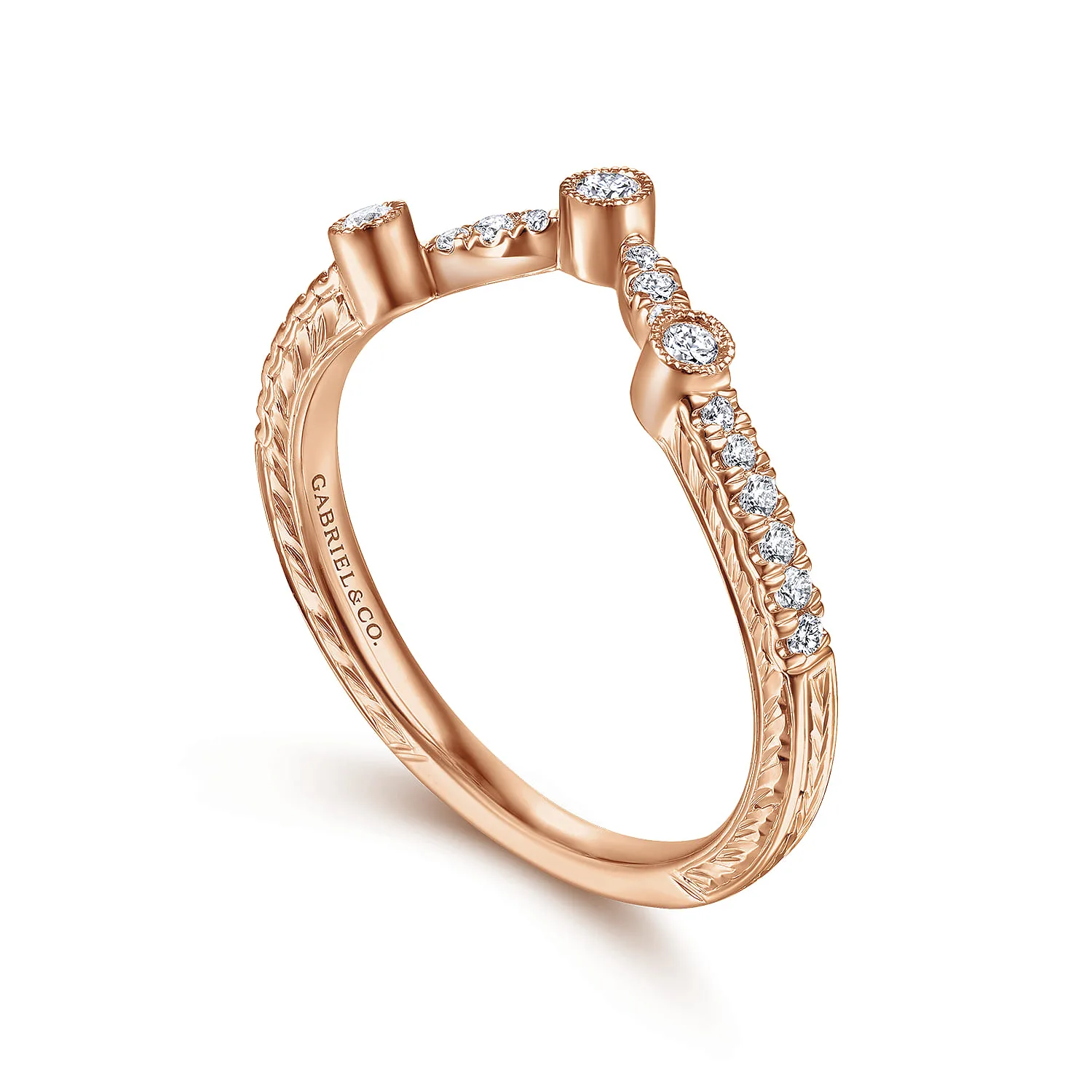 Vintage Inspired Curved Diamond Wedding Band in 14K Rose Gold, photograph 3