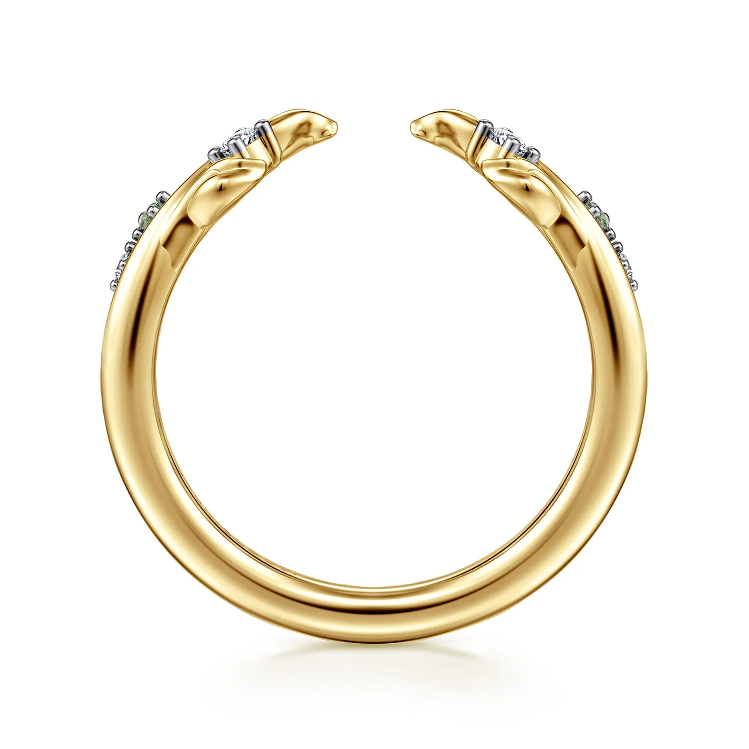 Floral Prong Setting Green Sapphire and Diamond Open Anniversary Band in 14K Yellow Gold, photograph 2