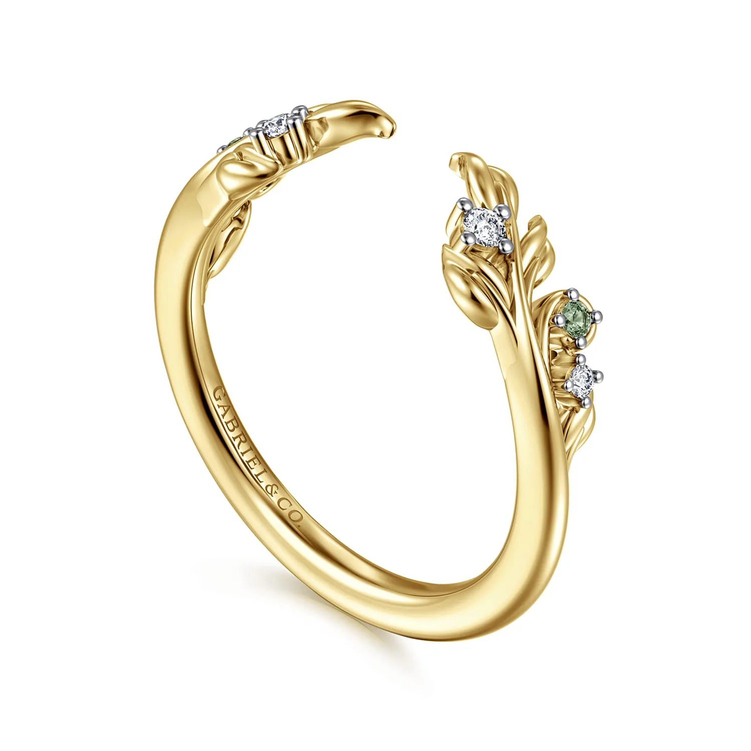 Floral Prong Setting Green Sapphire and Diamond Open Anniversary Band in 14K Yellow Gold, photograph 3