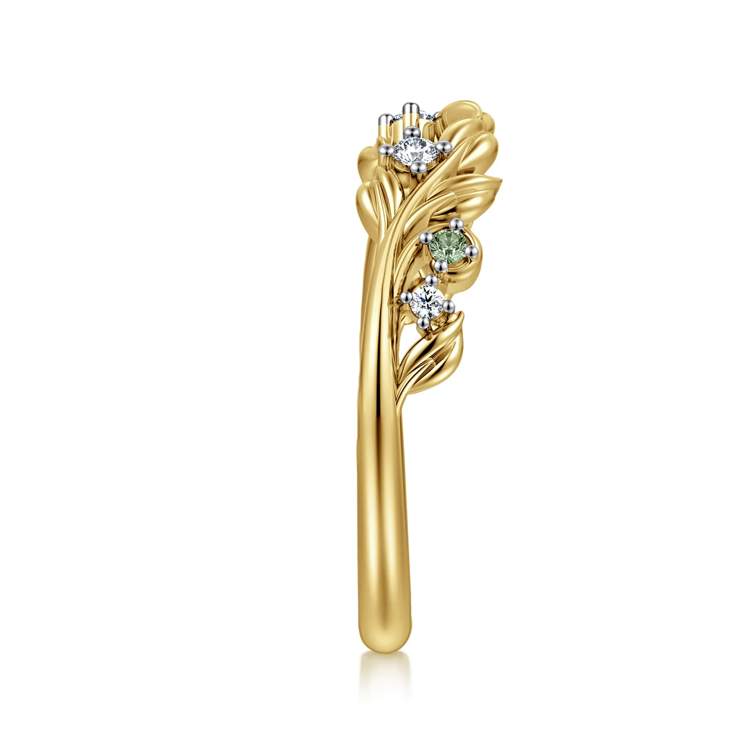 Floral Prong Setting Green Sapphire and Diamond Open Anniversary Band in 14K Yellow Gold, photograph 4