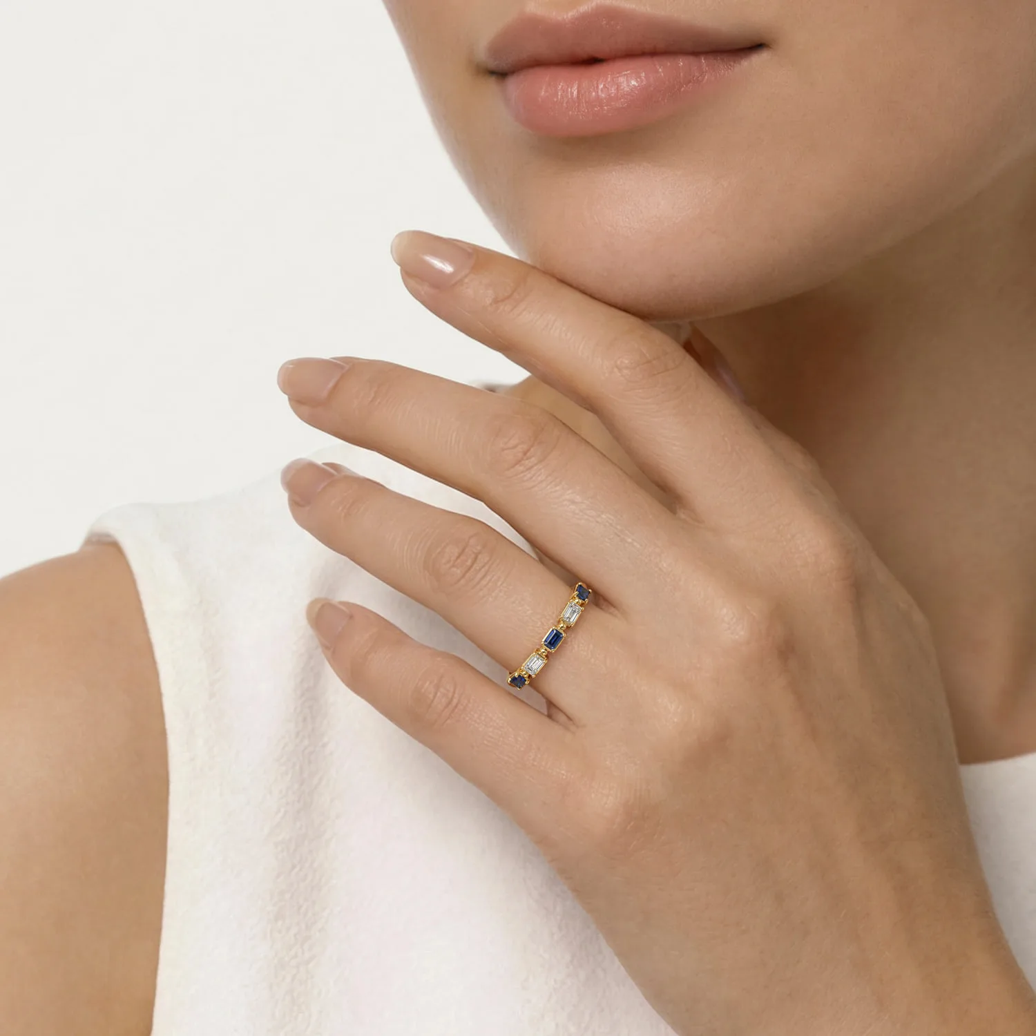 Prong Setting Baguette Diamond and Sapphire Anniversary Band in 14K Yellow Gold, photograph 5