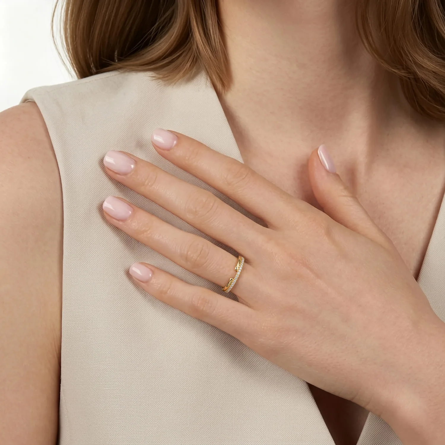 French Pave Diamond Open Anniversary Band in 14K Yellow Gold, photograph 5
