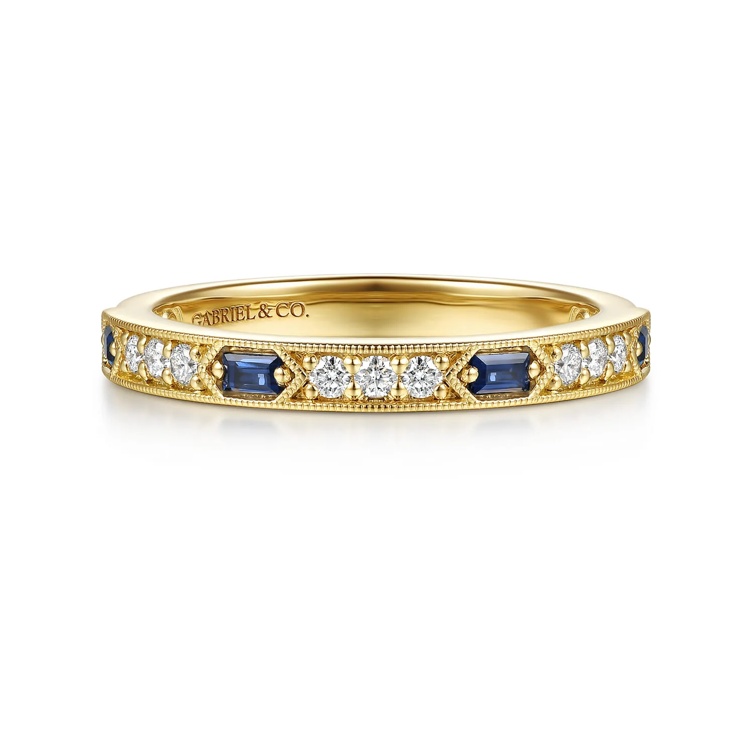 Vintage Inspired Prong Setting Baguette Sapphire and Micro Pave Round Diamond Anniversary Band