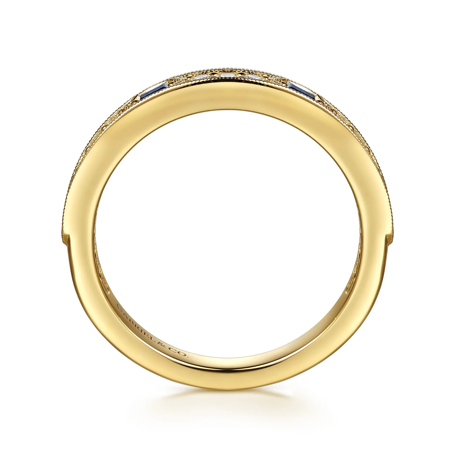 Vintage Inspired Prong Setting Baguette Sapphire and Micro Pave Round Diamond Anniversary Band in 14K Yellow Gold, photograph 2