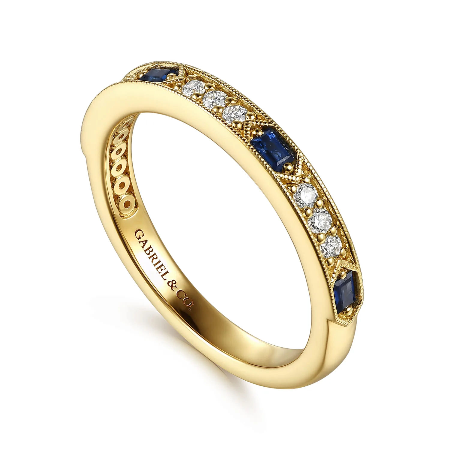 Vintage Inspired Prong Setting Baguette Sapphire and Micro Pave Round Diamond Anniversary Band in 14K Yellow Gold, photograph 3