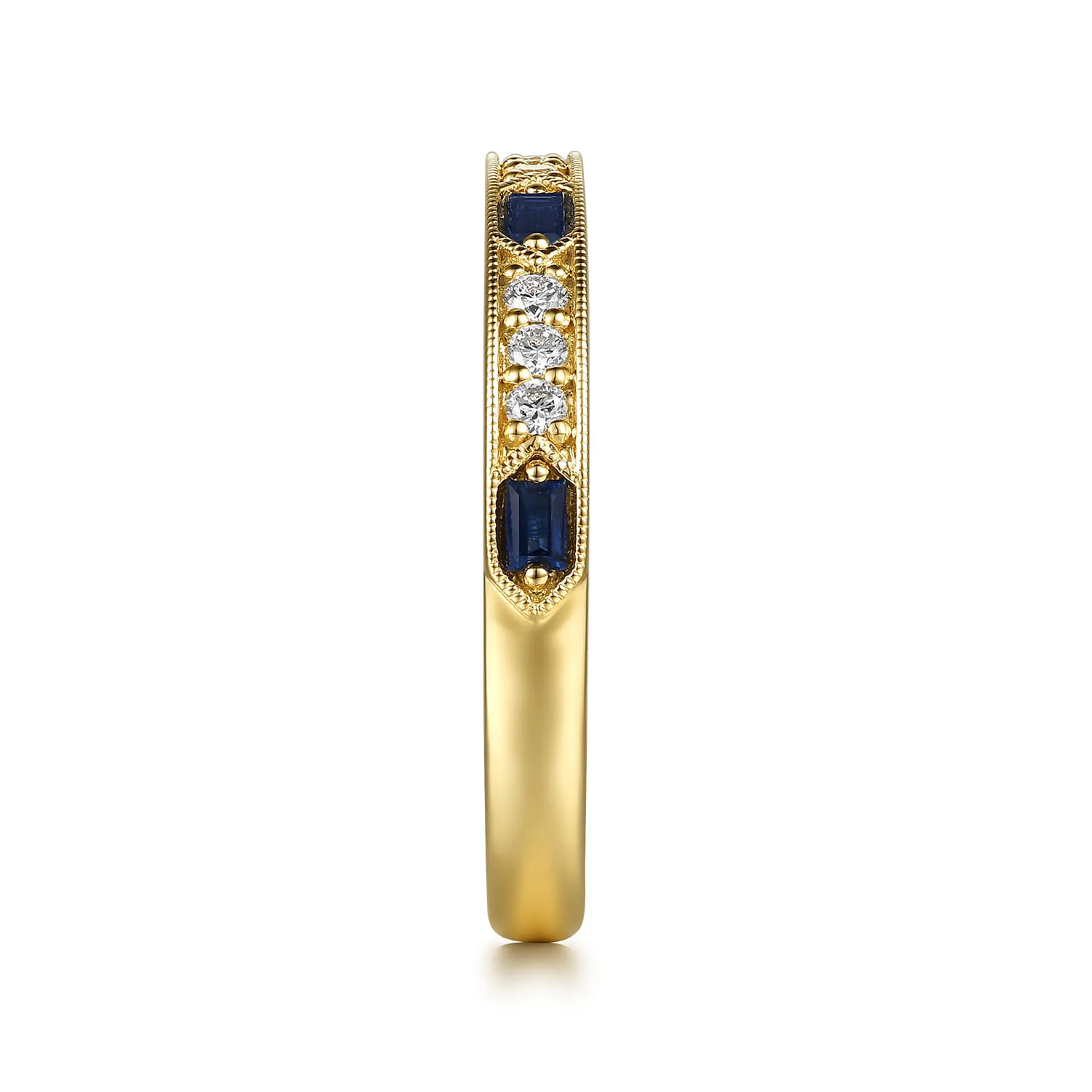 Vintage Inspired Prong Setting Baguette Sapphire and Micro Pave Round Diamond Anniversary Band in 14K Yellow Gold, photograph 4