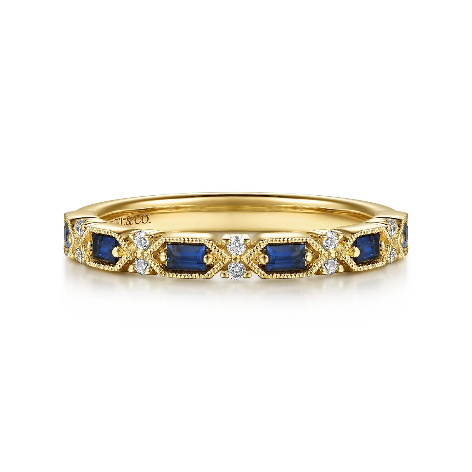 Vintage Inspired Beads Setting Baguette Sapphire and Prong Setting Round Diamond Anniversary Band