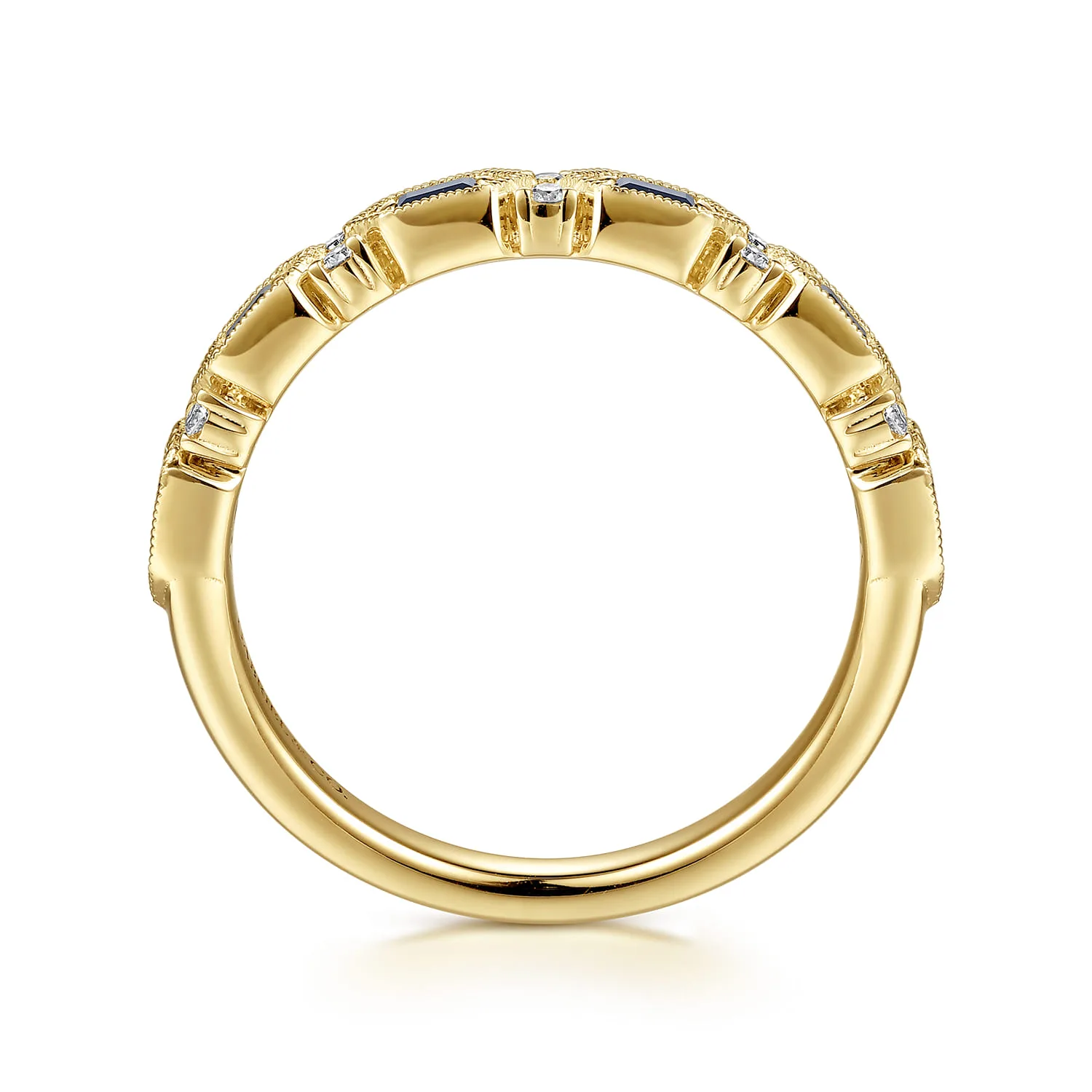 Vintage Inspired Beads Setting Baguette Sapphire and Prong Setting Round Diamond Anniversary Band in 14K Yellow Gold, photograph 2