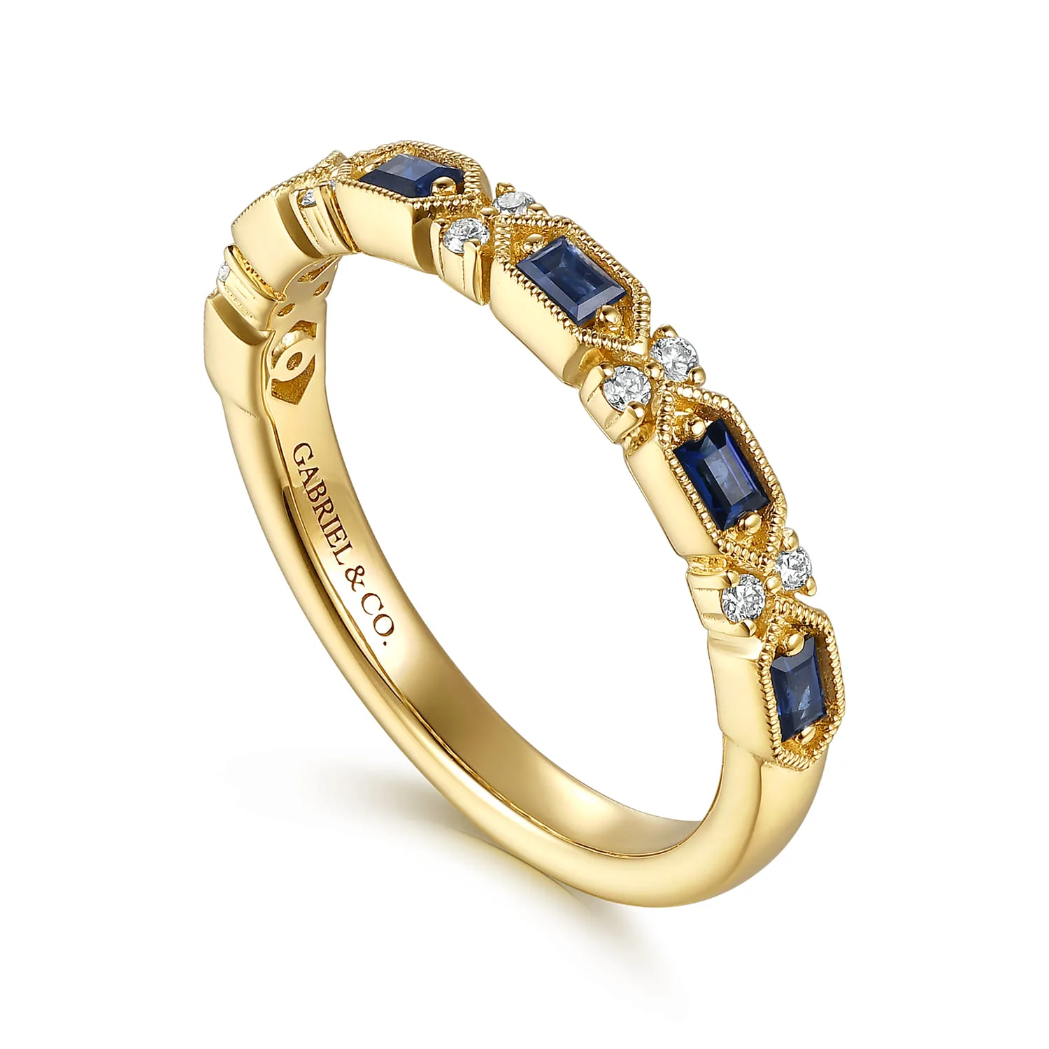 Vintage Inspired Beads Setting Baguette Sapphire and Prong Setting Round Diamond Anniversary Band in 14K Yellow Gold, photograph 3