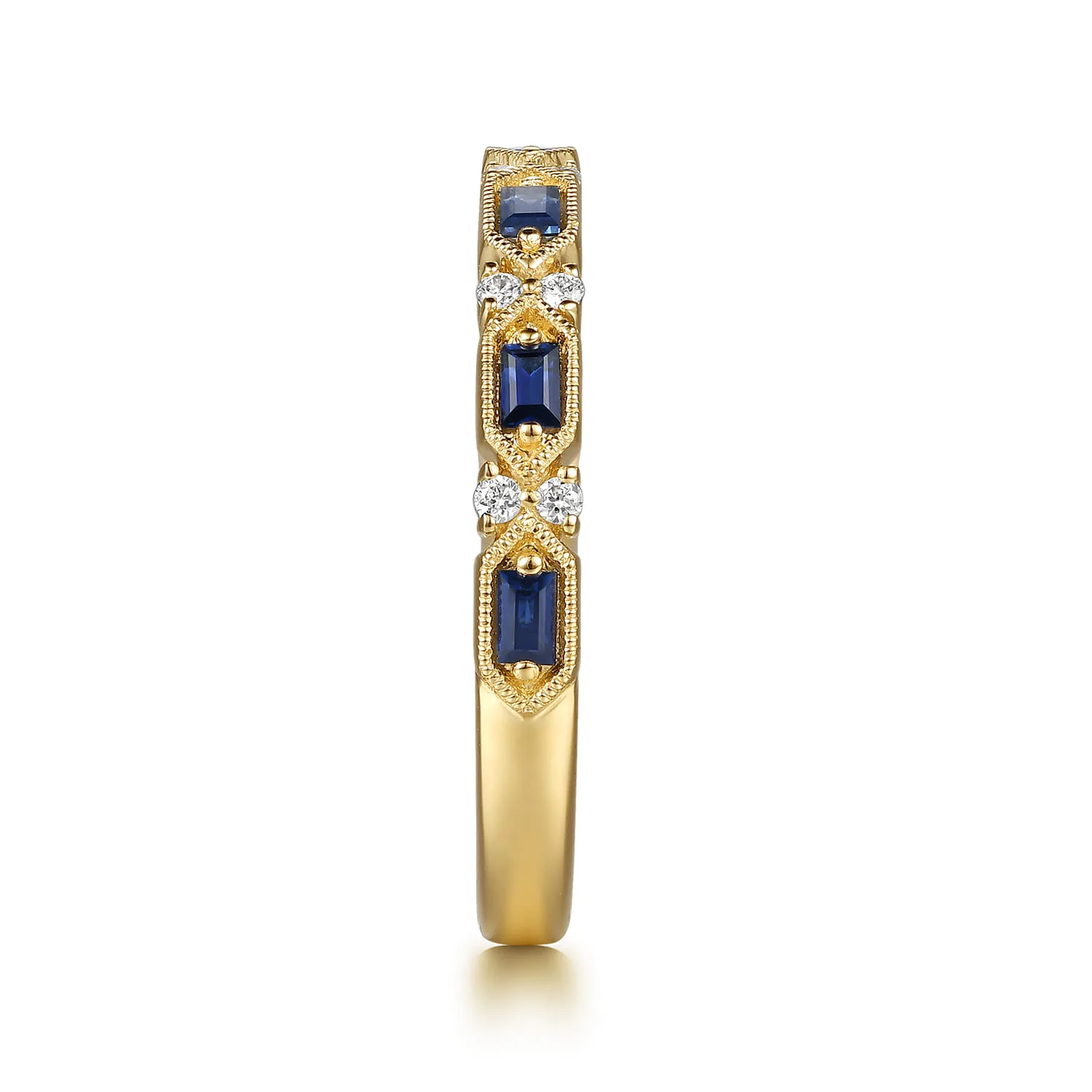 Vintage Inspired Beads Setting Baguette Sapphire and Prong Setting Round Diamond Anniversary Band in 14K Yellow Gold, photograph 4