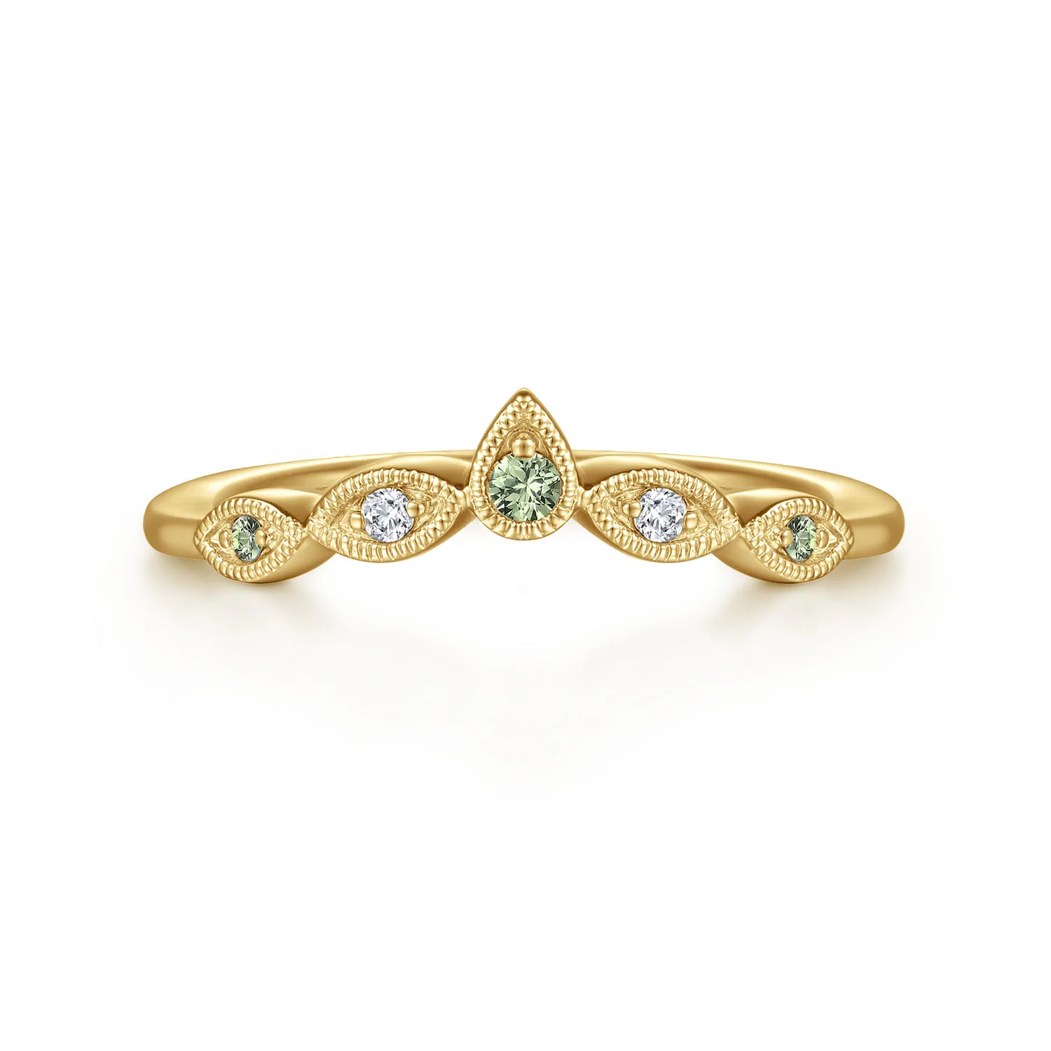 Vintage Inspired Curved Green Sapphire and Diamond Anniversary Band