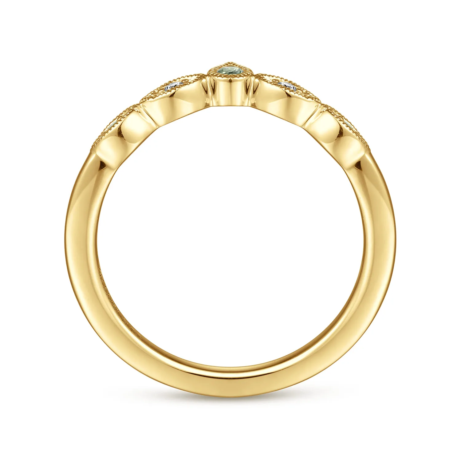 Vintage Inspired Curved Green Sapphire and Diamond Anniversary Band in 14K Yellow Gold, photograph 2