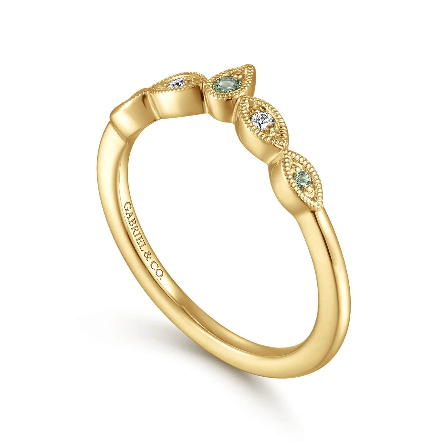 Vintage Inspired Curved Green Sapphire and Diamond Anniversary Band in 14K Yellow Gold, photograph 3