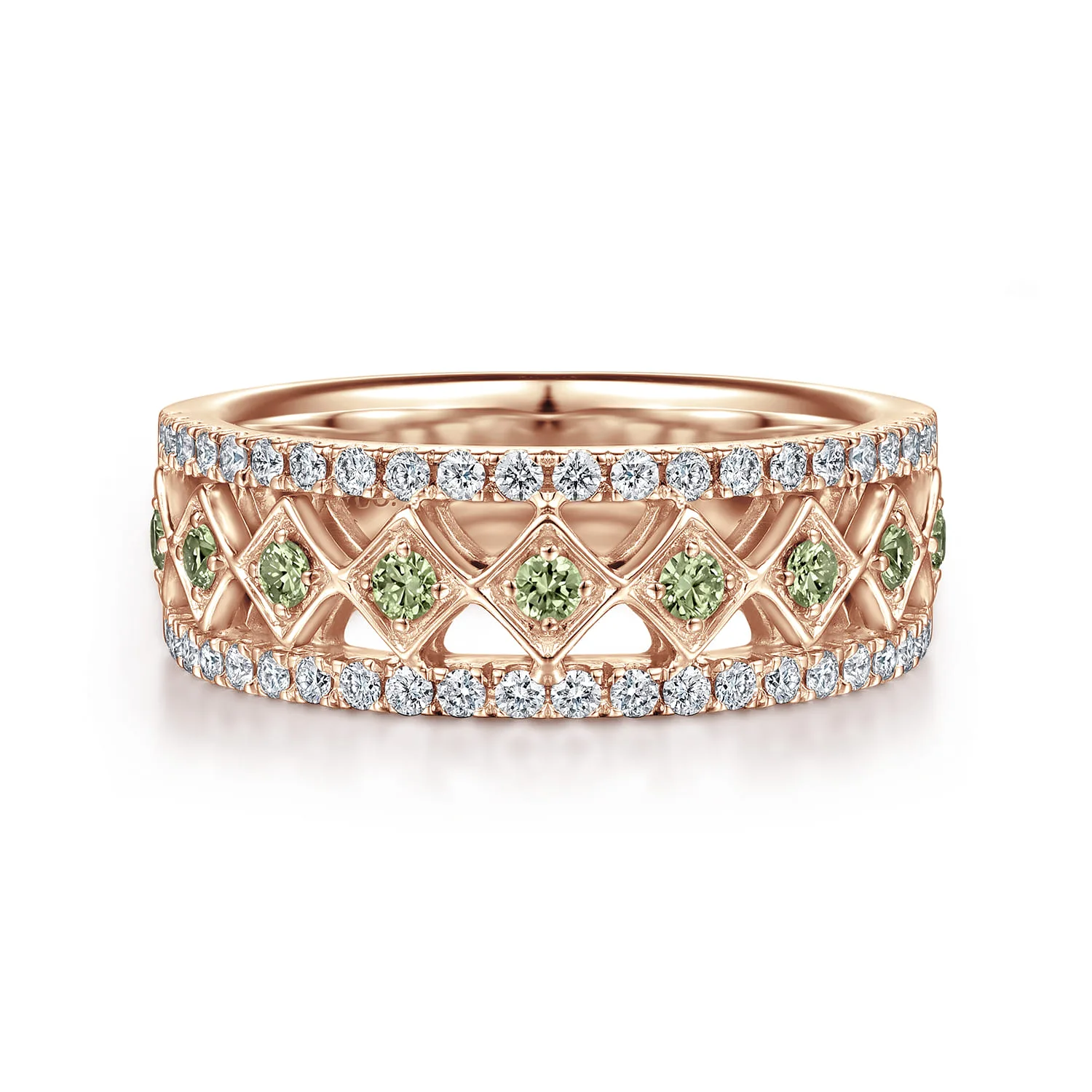 Wide Geometric Green Sapphire and Diamond Anniversary Band