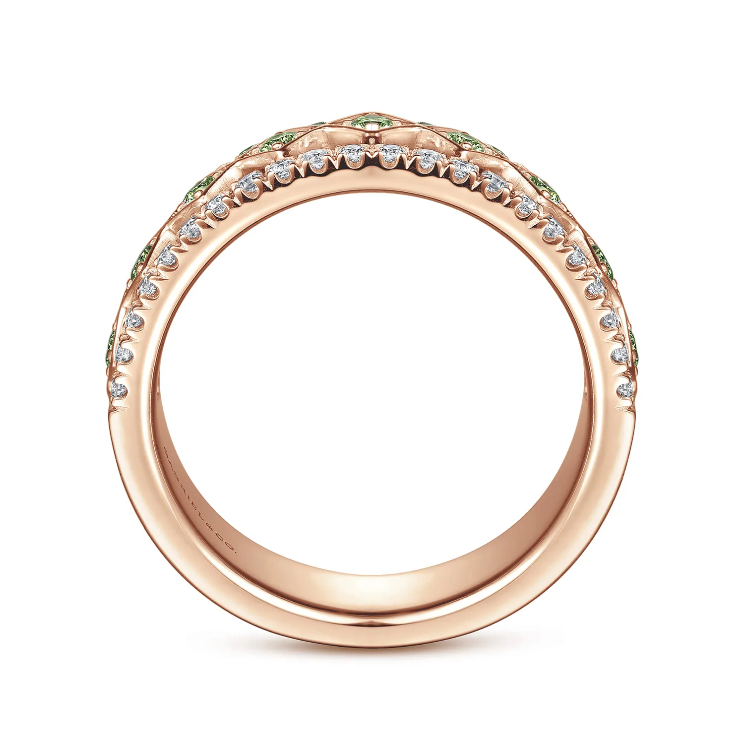 Wide Geometric Green Sapphire and Diamond Anniversary Band in 14K Rose Gold, photograph 2
