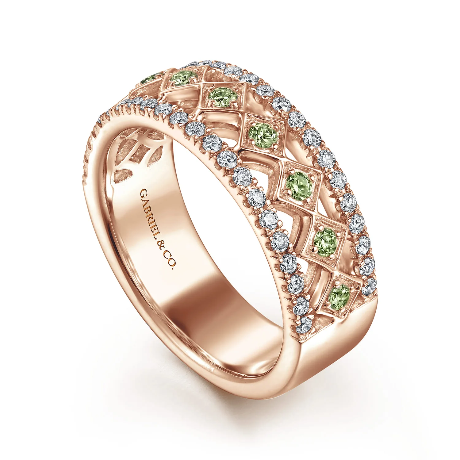 Wide Geometric Green Sapphire and Diamond Anniversary Band in 14K Rose Gold, photograph 3