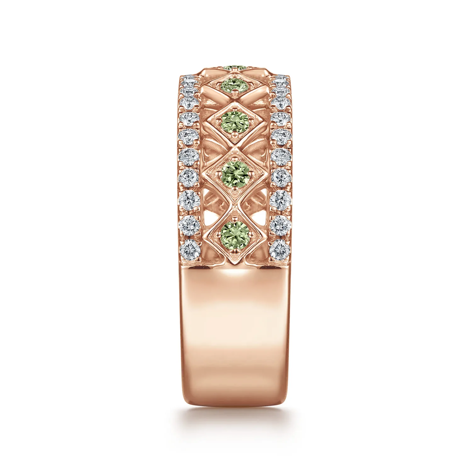 Wide Geometric Green Sapphire and Diamond Anniversary Band in 14K Rose Gold, photograph 4