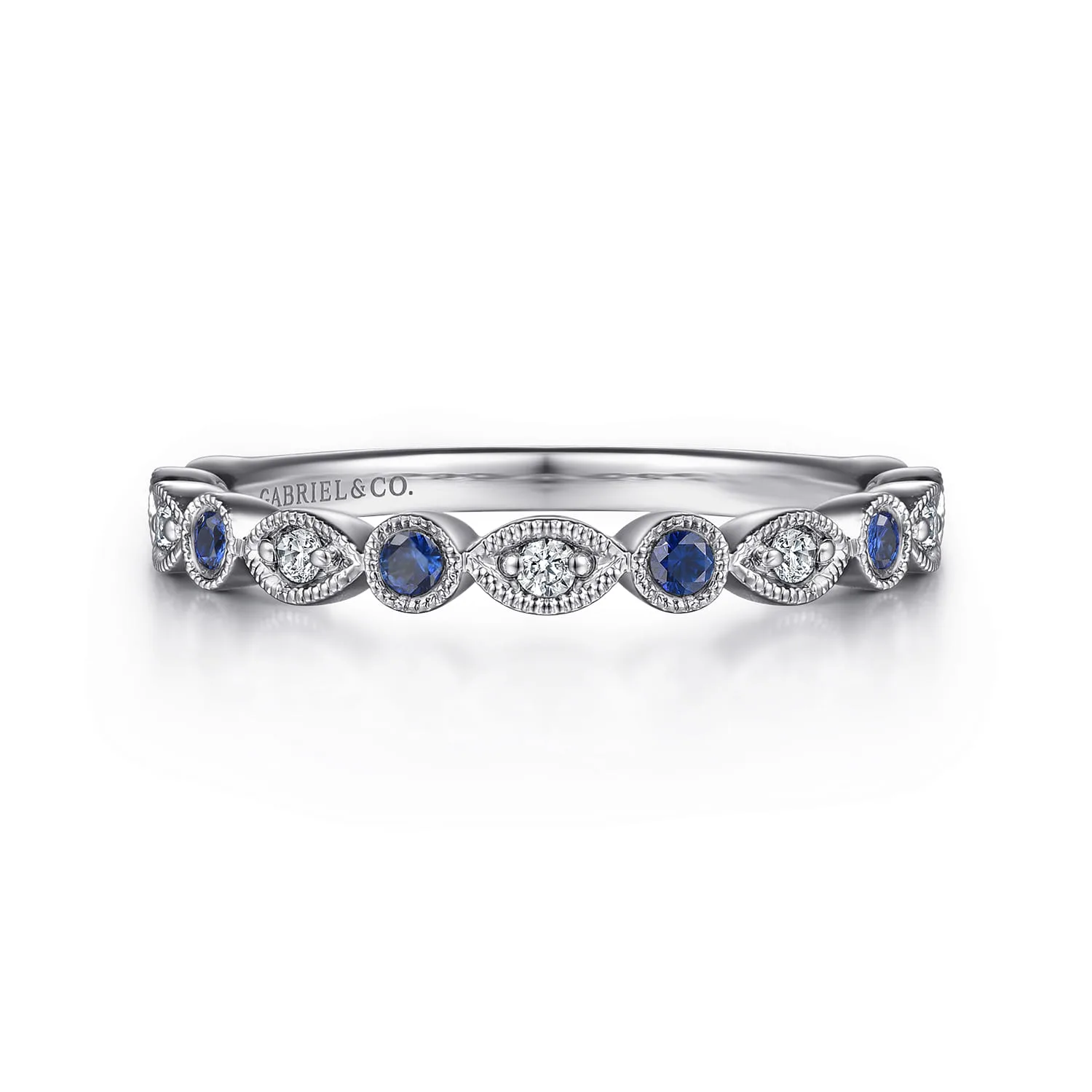 Vintage Inspired Marquise and Round Station Diamond and Sapphire Anniversary Band