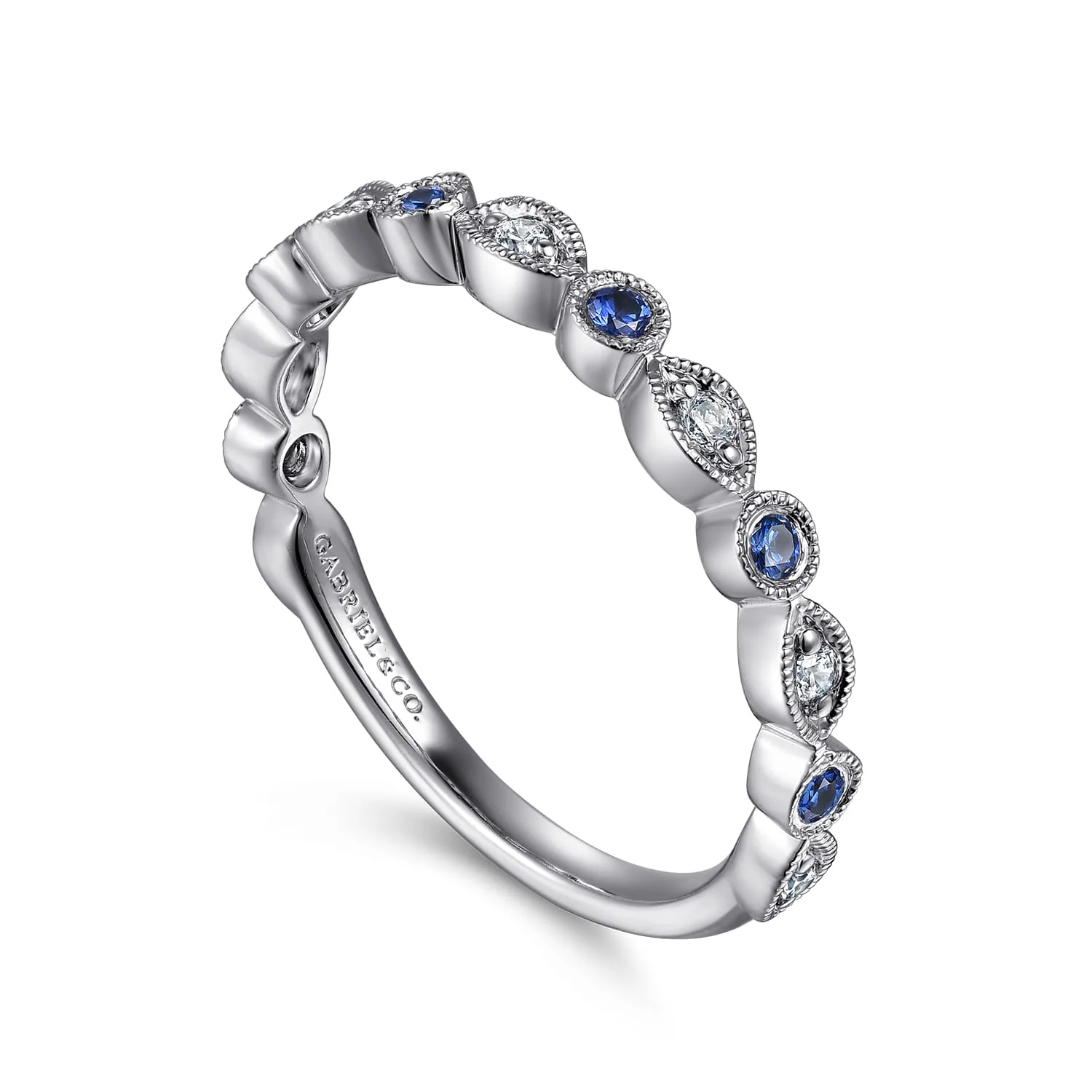 Vintage Inspired Marquise and Round Station Diamond and Sapphire Anniversary Band in 14K White Gold, photograph 3