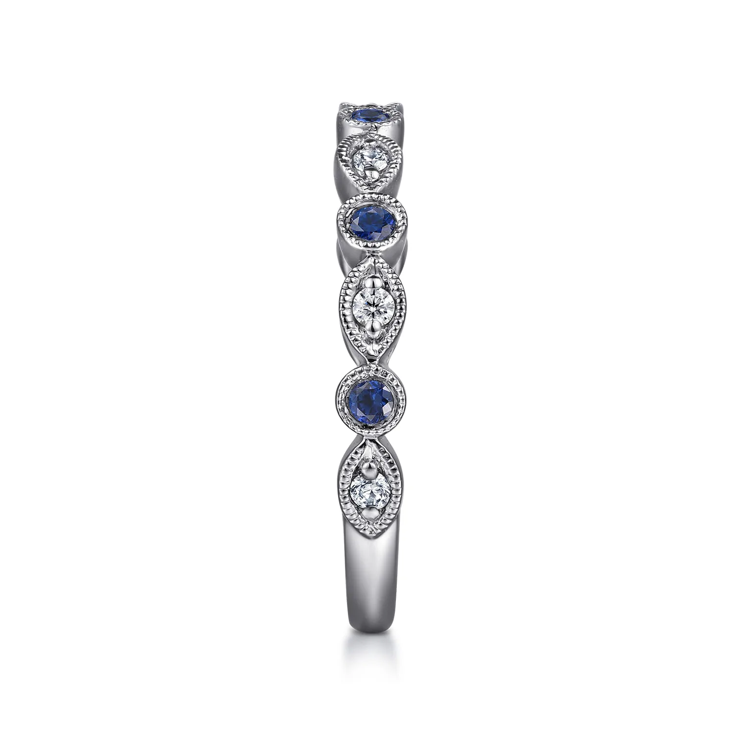 Vintage Inspired Marquise and Round Station Diamond and Sapphire Anniversary Band in 14K White Gold, photograph 4