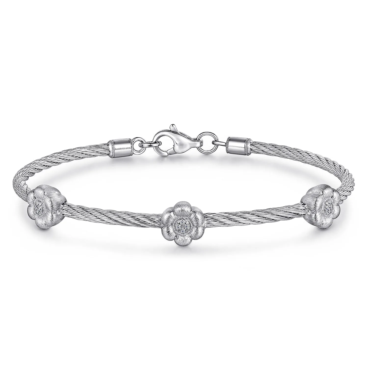 -Stainless Steel Twisted Cable Bangle with 3 Flower Cluster Diamond Stations
