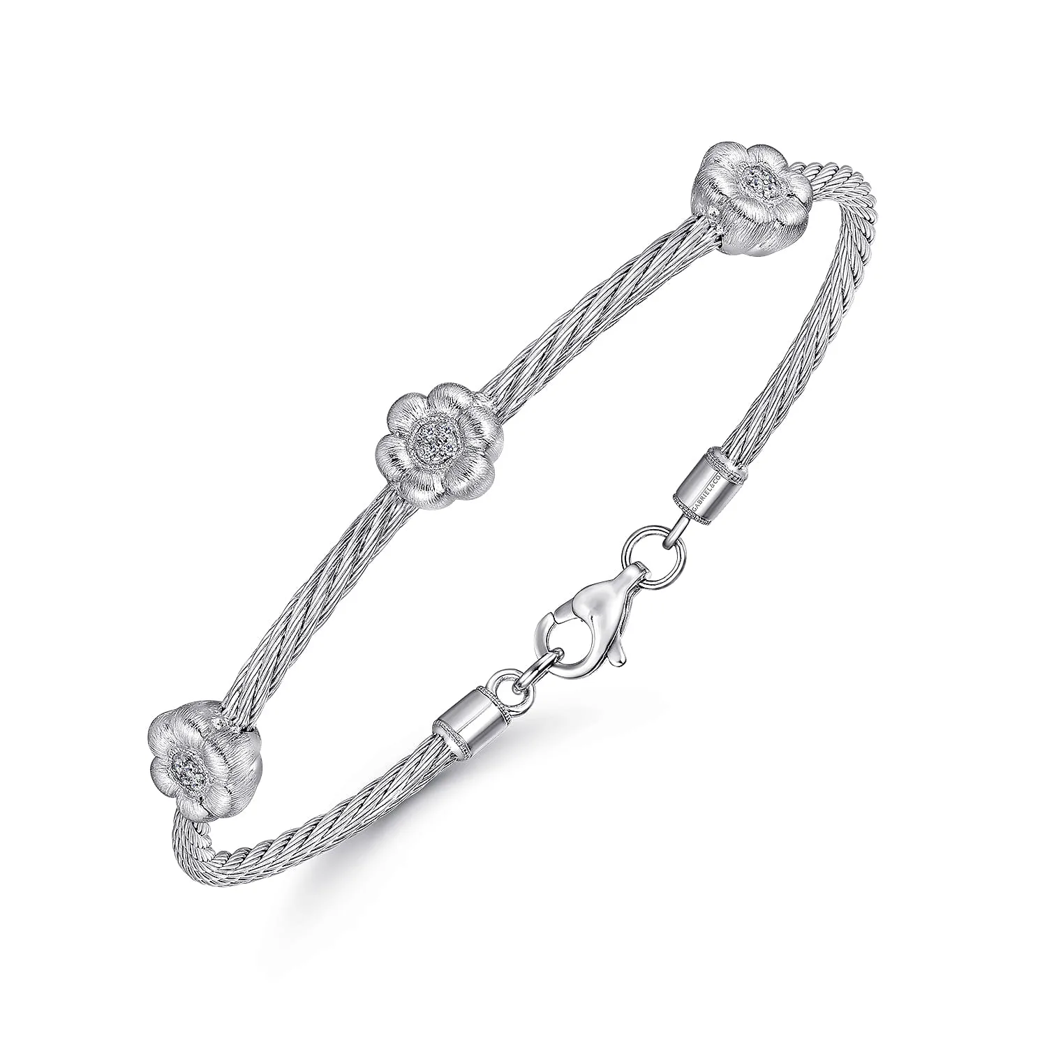-Stainless Steel Twisted Cable Bangle with 3 Flower Cluster Diamond Stations in Sterling Silver, photograph 2