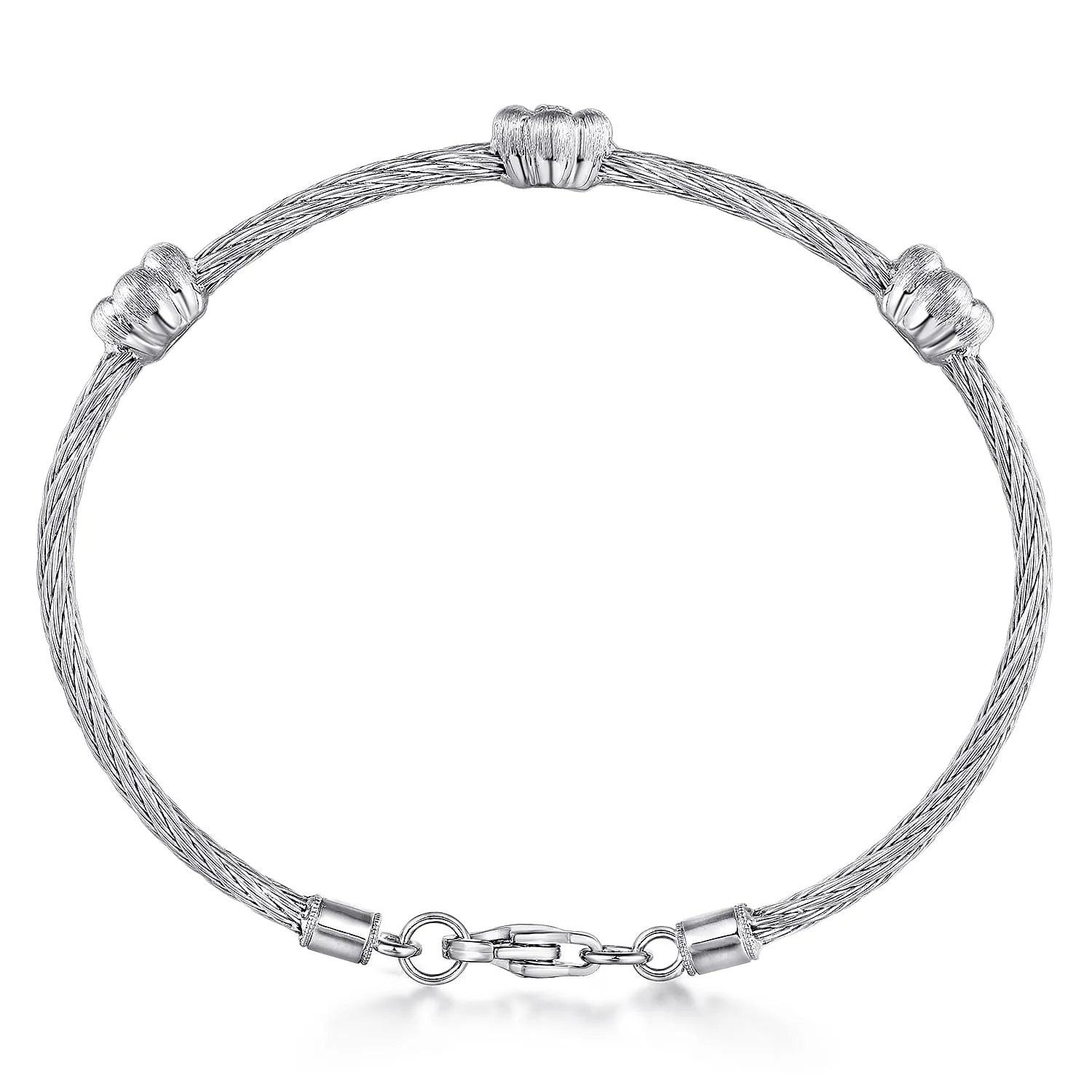 -Stainless Steel Twisted Cable Bangle with 3 Flower Cluster Diamond Stations in Sterling Silver, photograph 3