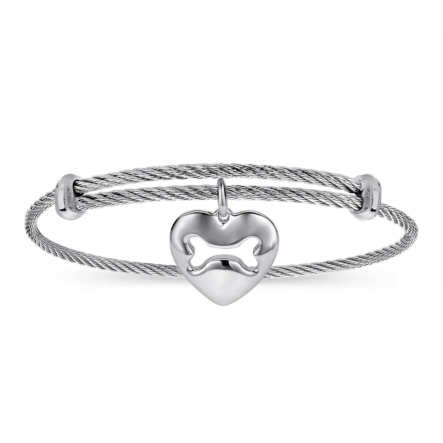Adjustable Twisted Cable Stainless Steel Bangle with Doggy Bone Charm