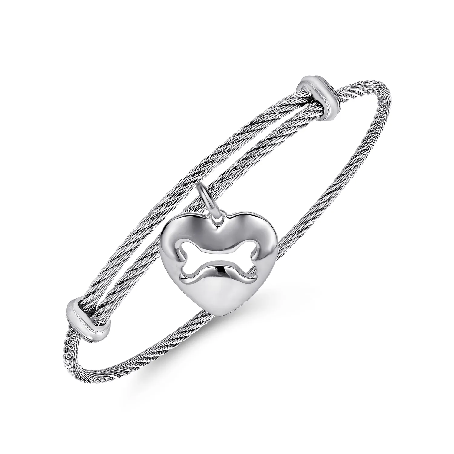 Adjustable Twisted Cable Stainless Steel Bangle with Doggy Bone Charm in Sterling Silver, photograph 2