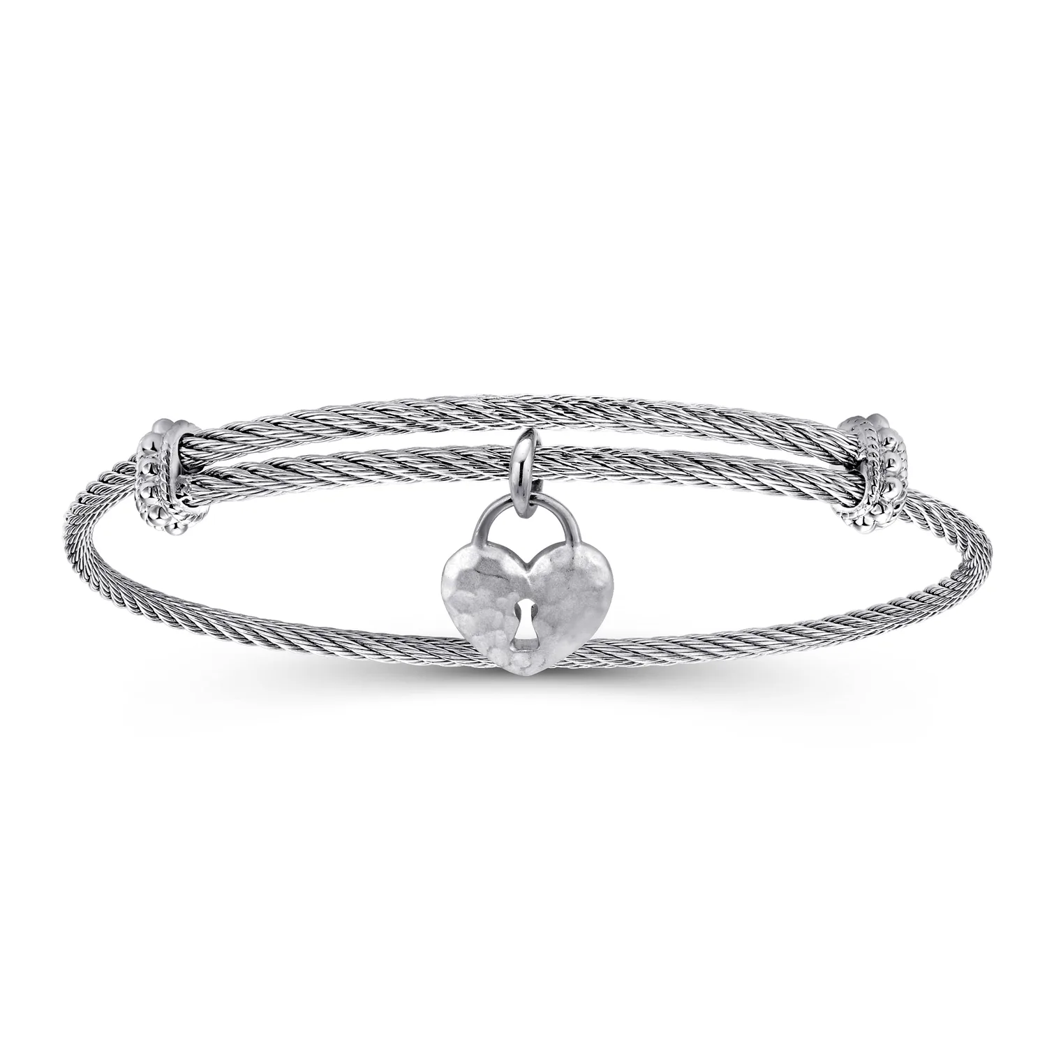 Adjustable Twisted Cable Stainless Steel Bangle with Lock Charm