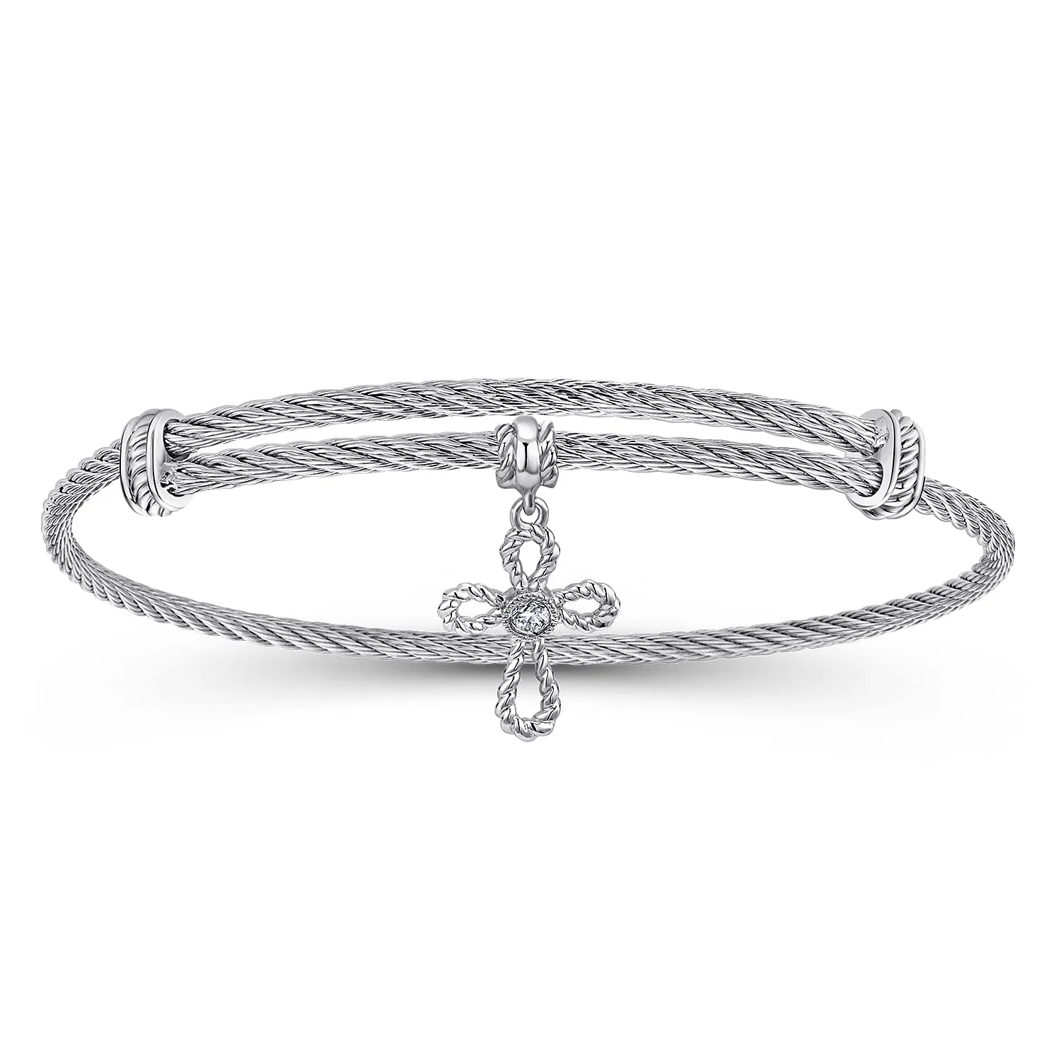 Adjustable Twisted Cable Stainless Steel Bangle with and White Sapphire Cross Charm