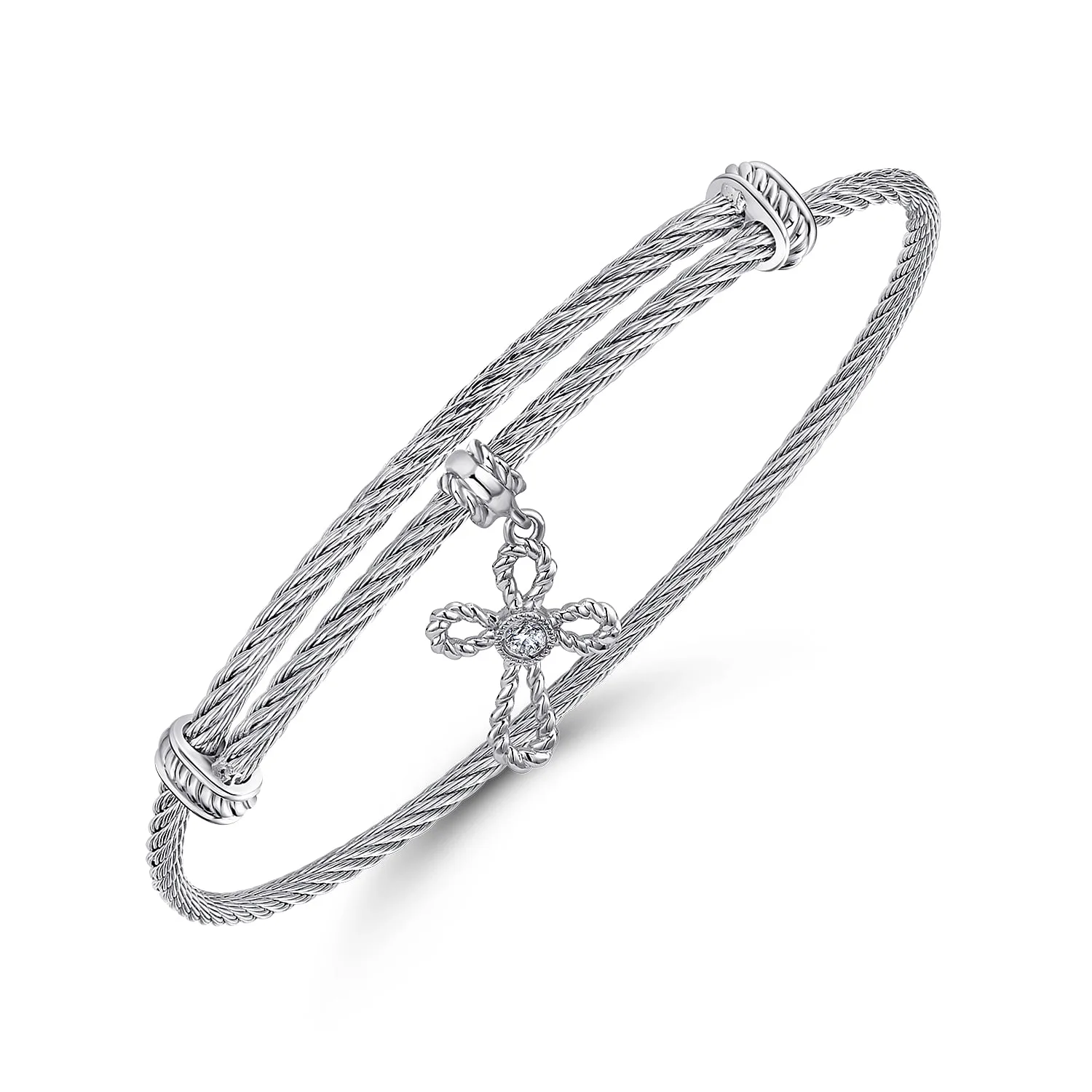 Adjustable Twisted Cable Stainless Steel Bangle with and White Sapphire Cross Charm in Sterling Silver, photograph 2