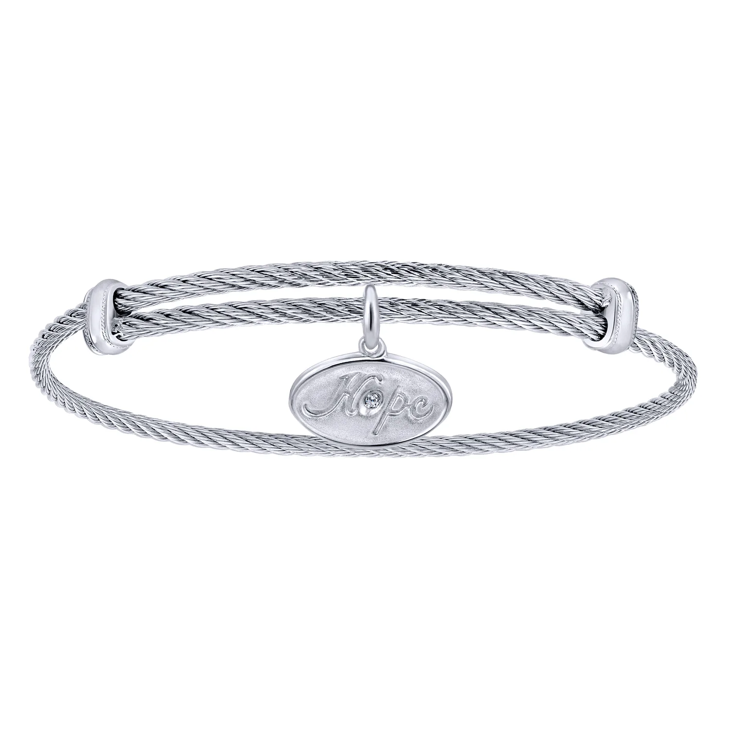 Adjustable Twisted Cable Stainless Steel Bangle with Diamond Hope Charm