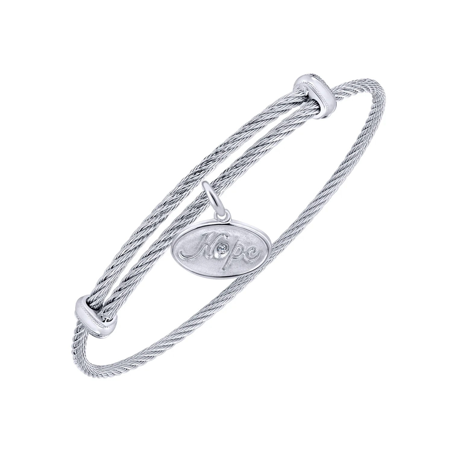Adjustable Twisted Cable Stainless Steel Bangle with Diamond Hope Charm in Sterling Silver, photograph 2