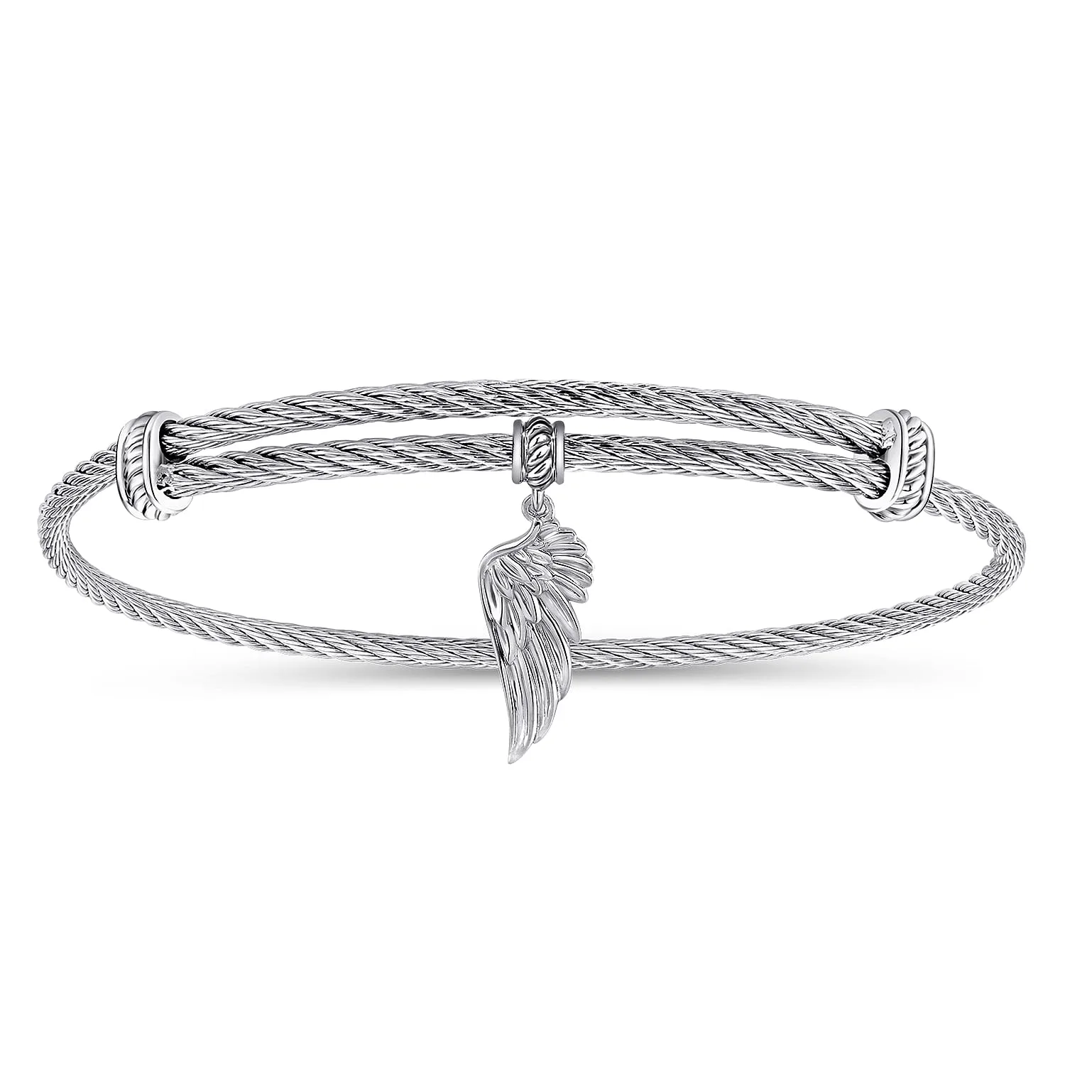 Adjustable Twisted Cable Stainless Steel Bangle with Angel Wing Charm